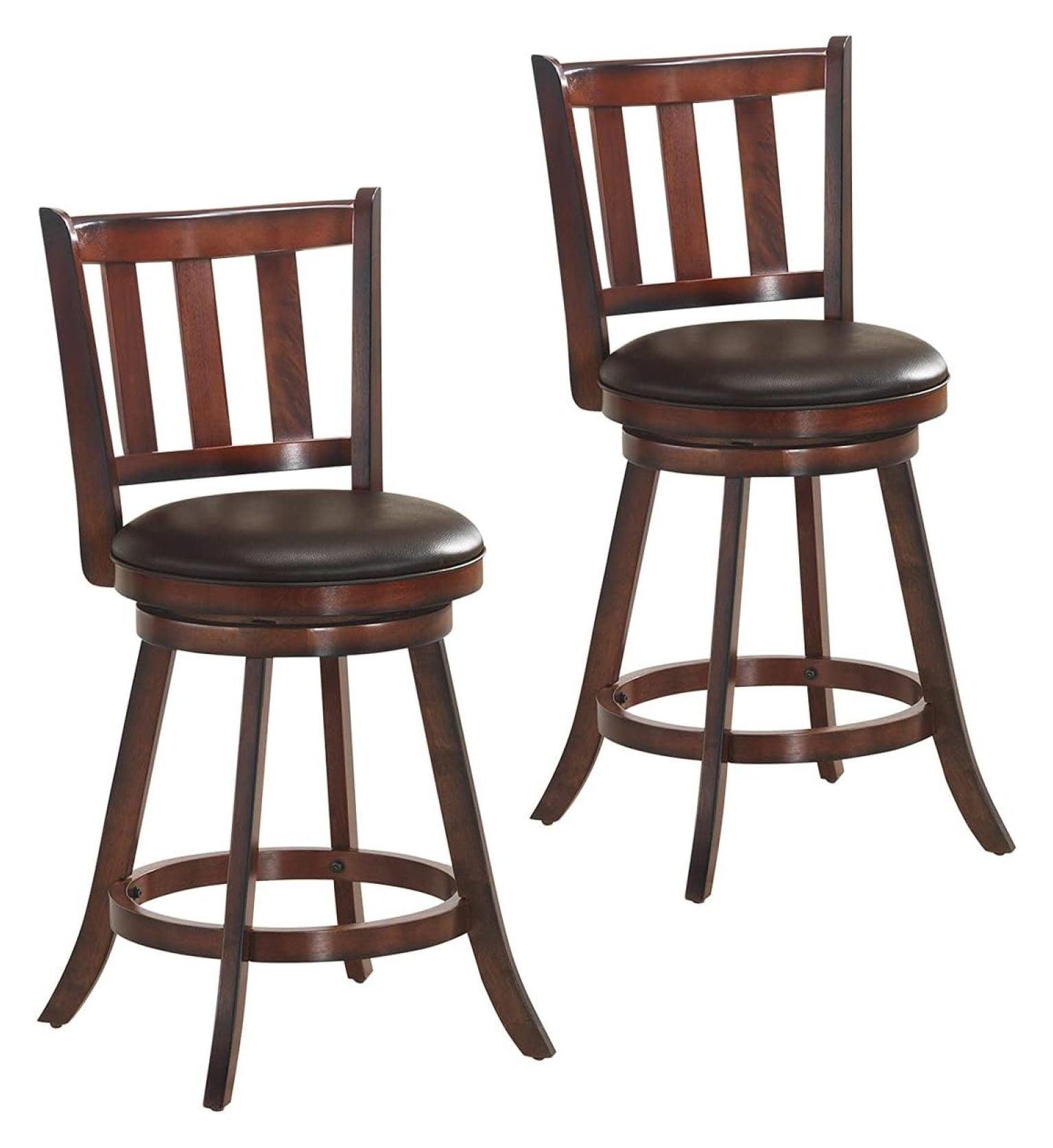 Brown Wood and Leather Swivel Bar Stools, 25'' Set of 2