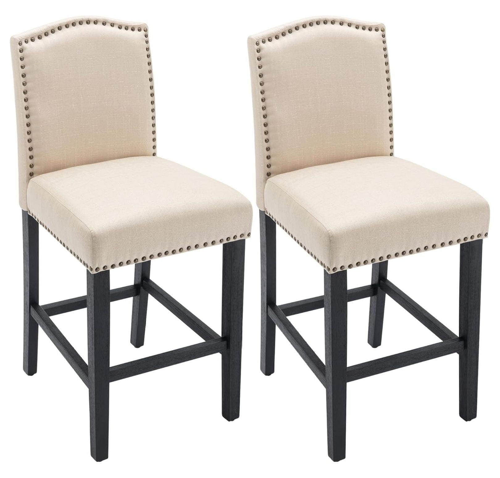 Set of 2 Beige Upholstered Nailhead Bar Stools with Wood Legs