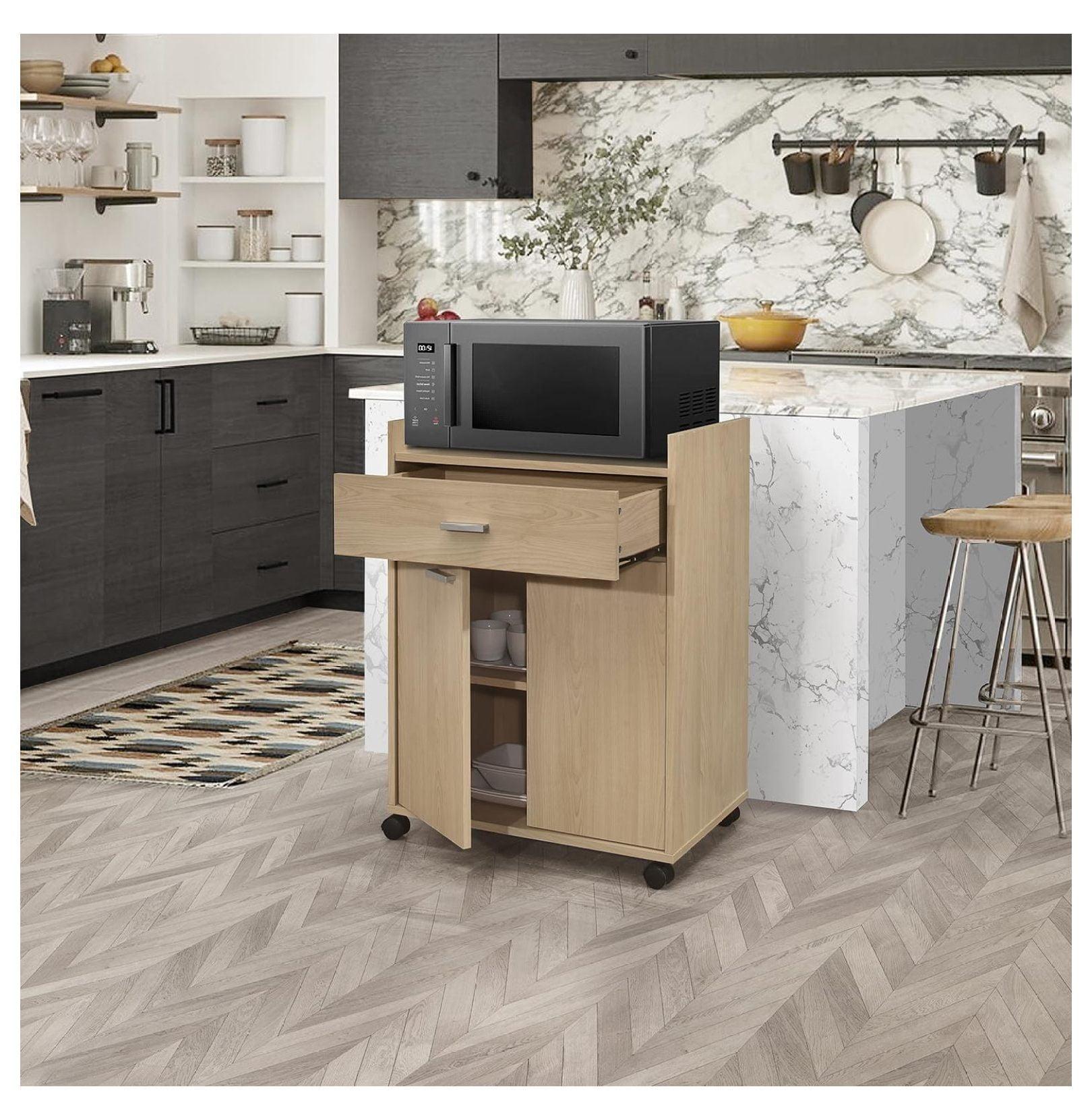 Kings Brand Furniture Northbury 2-Door Microwave Accent Kitchen Cabinet Rolling Cart (Beech)