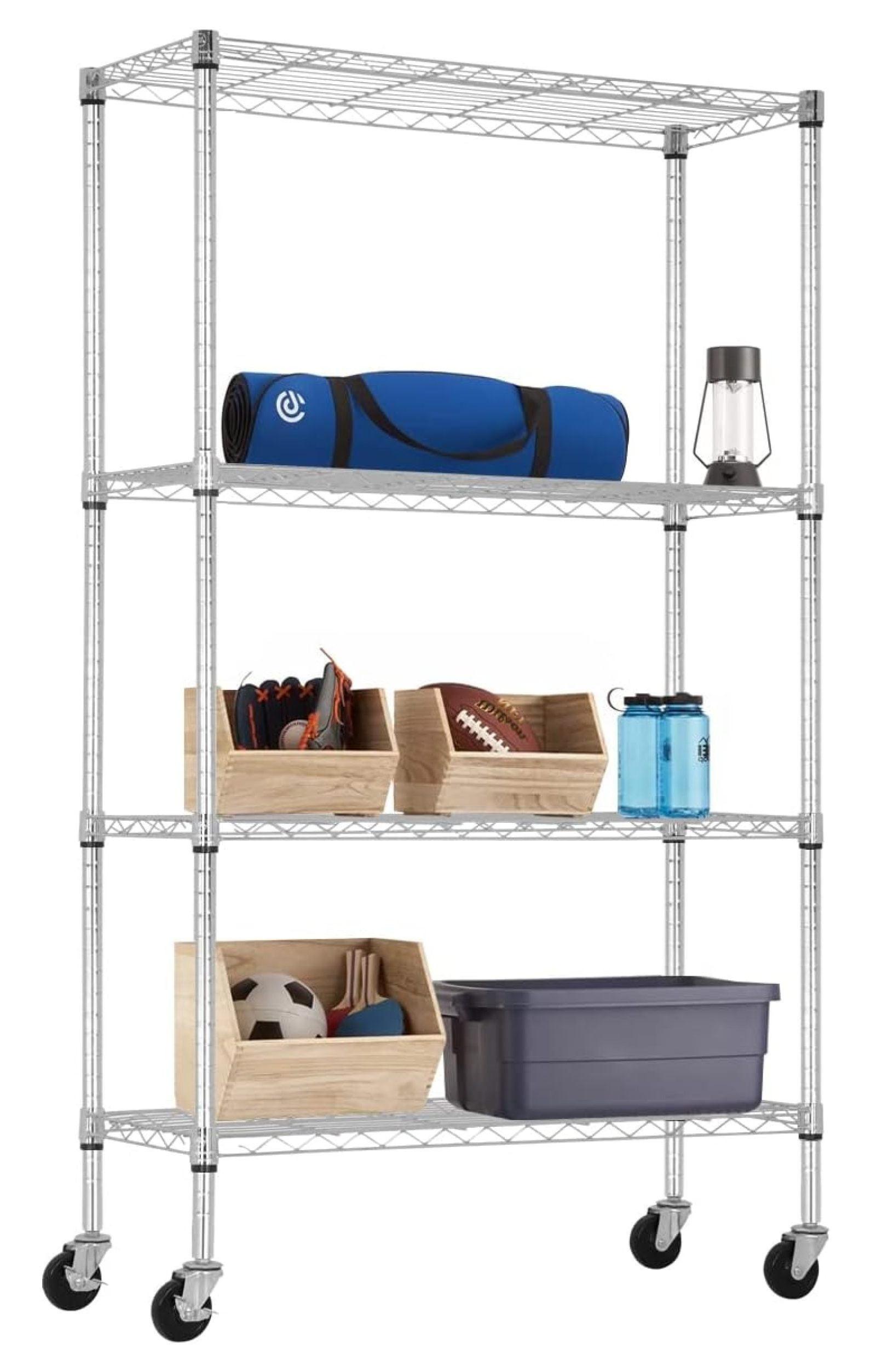 Adjustable Chrome 4-Tier Steel Wire Storage Rack with Wheels