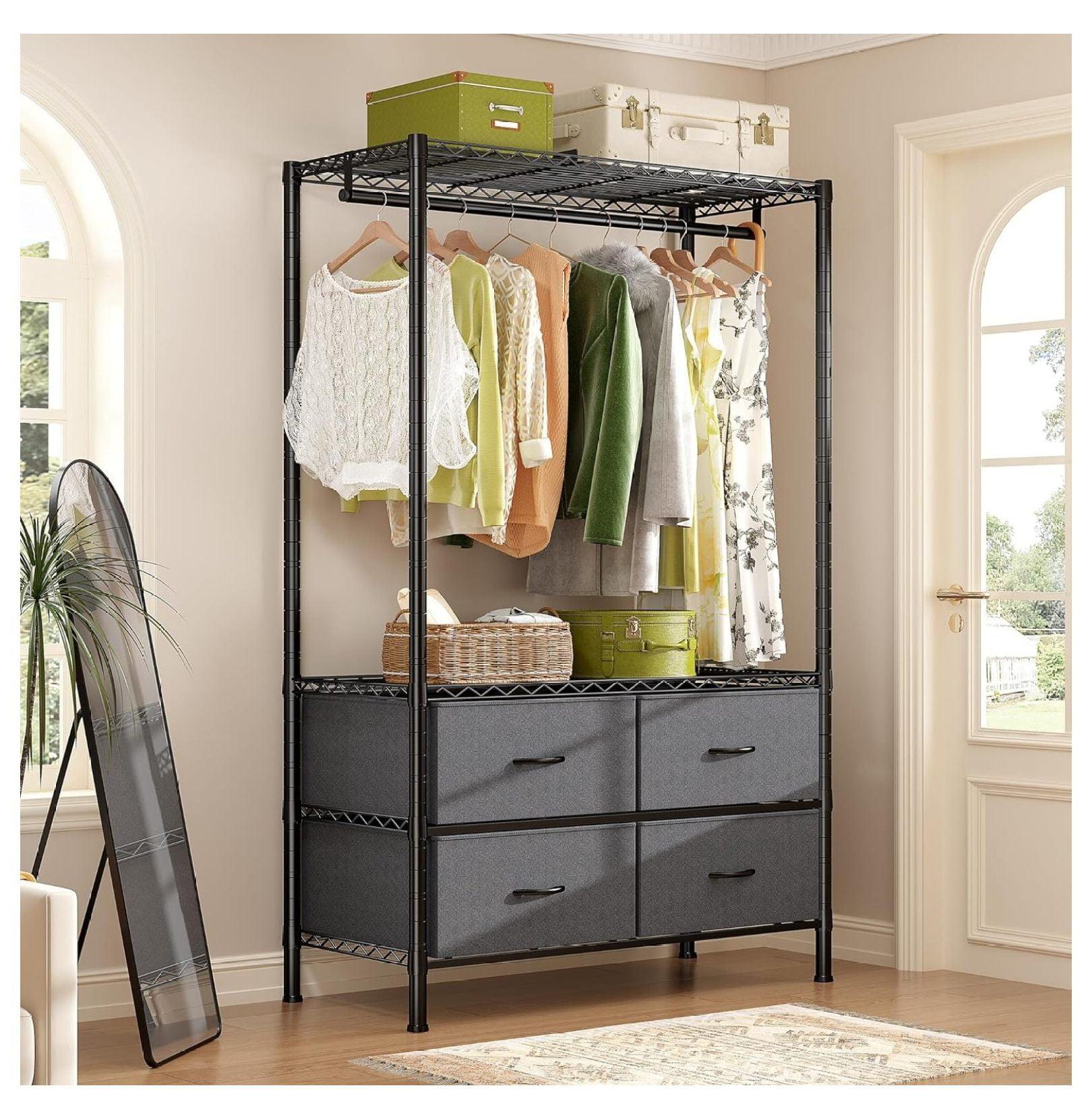 Black Metal Portable Closet System with 4 Fabric Drawers