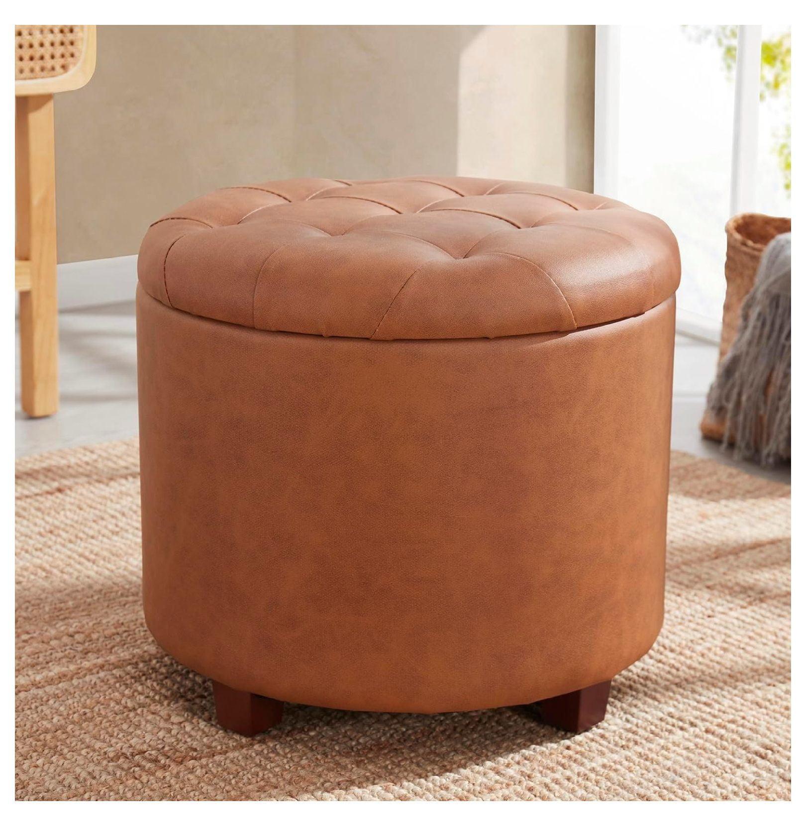 Ornavo Home Faux Leather Upholstered Round Tufted Storage Ottoman with Wooden Legs - Cognac