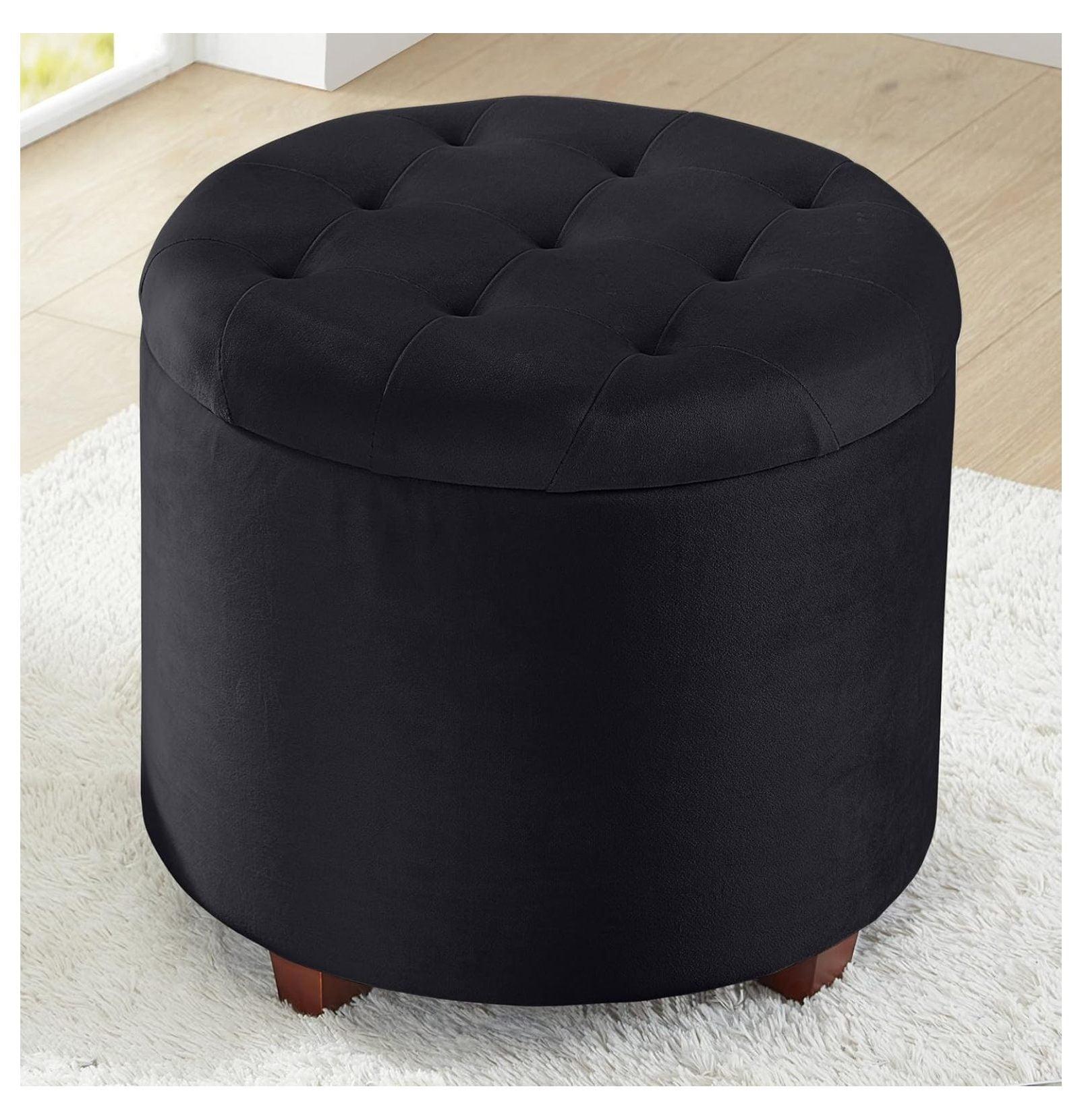 Ornavo Home Velvet Upholstered Round Tufted Storage Ottoman with Wooden Legs - Black