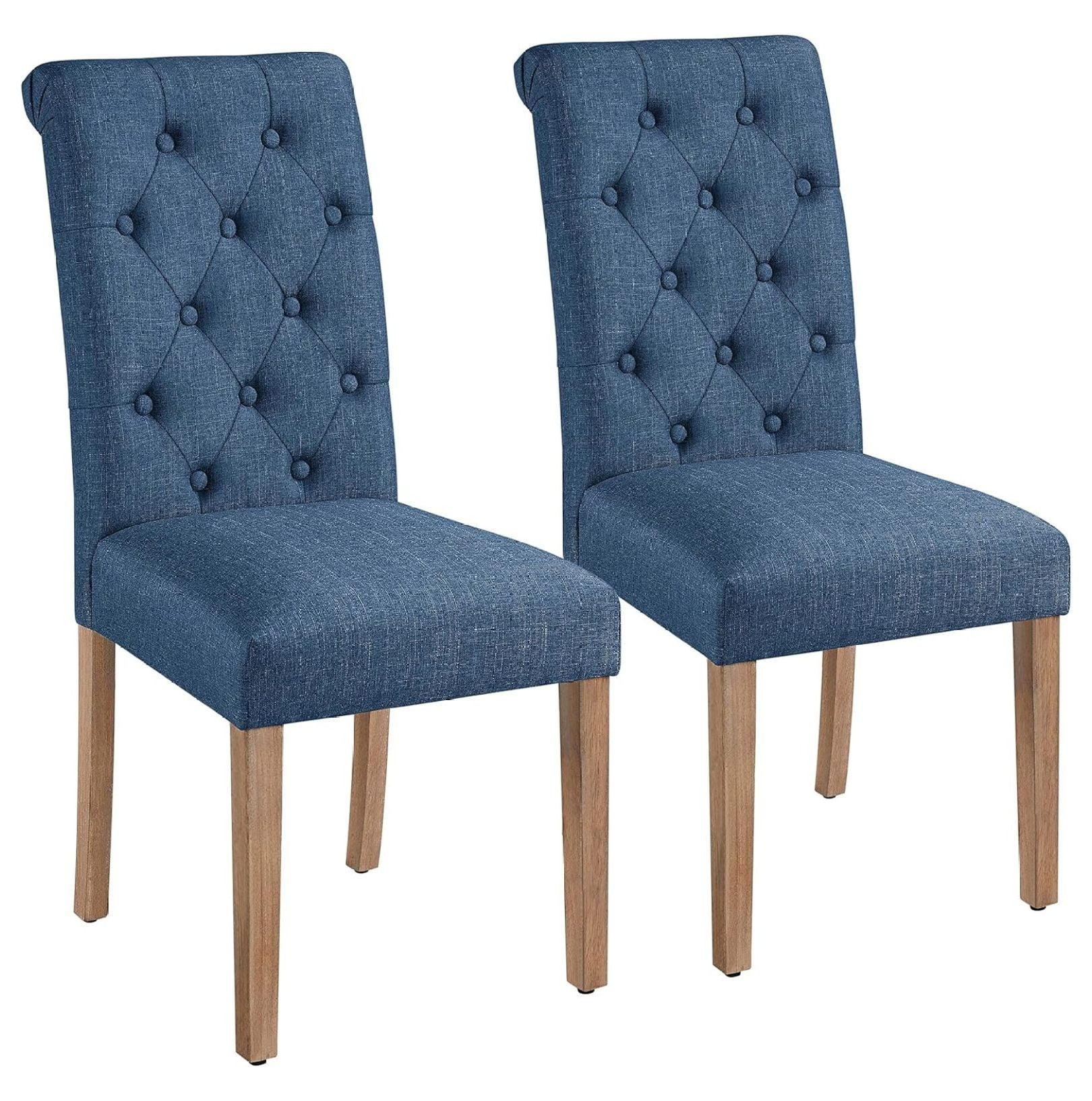 Blue Upholstered Button Tufted Parsons Side Chairs with Wood Legs