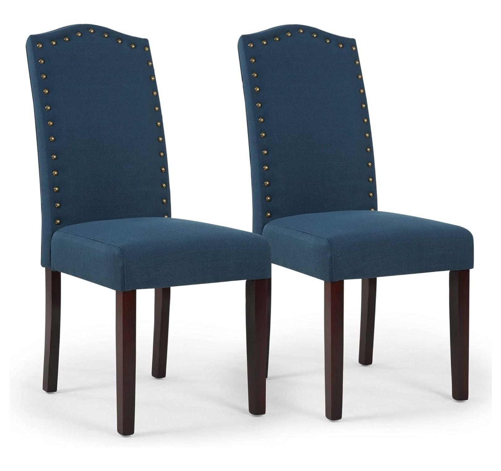 Blue Linen Upholstered Parsons Side Chair with Nailhead Trim, Set of 2