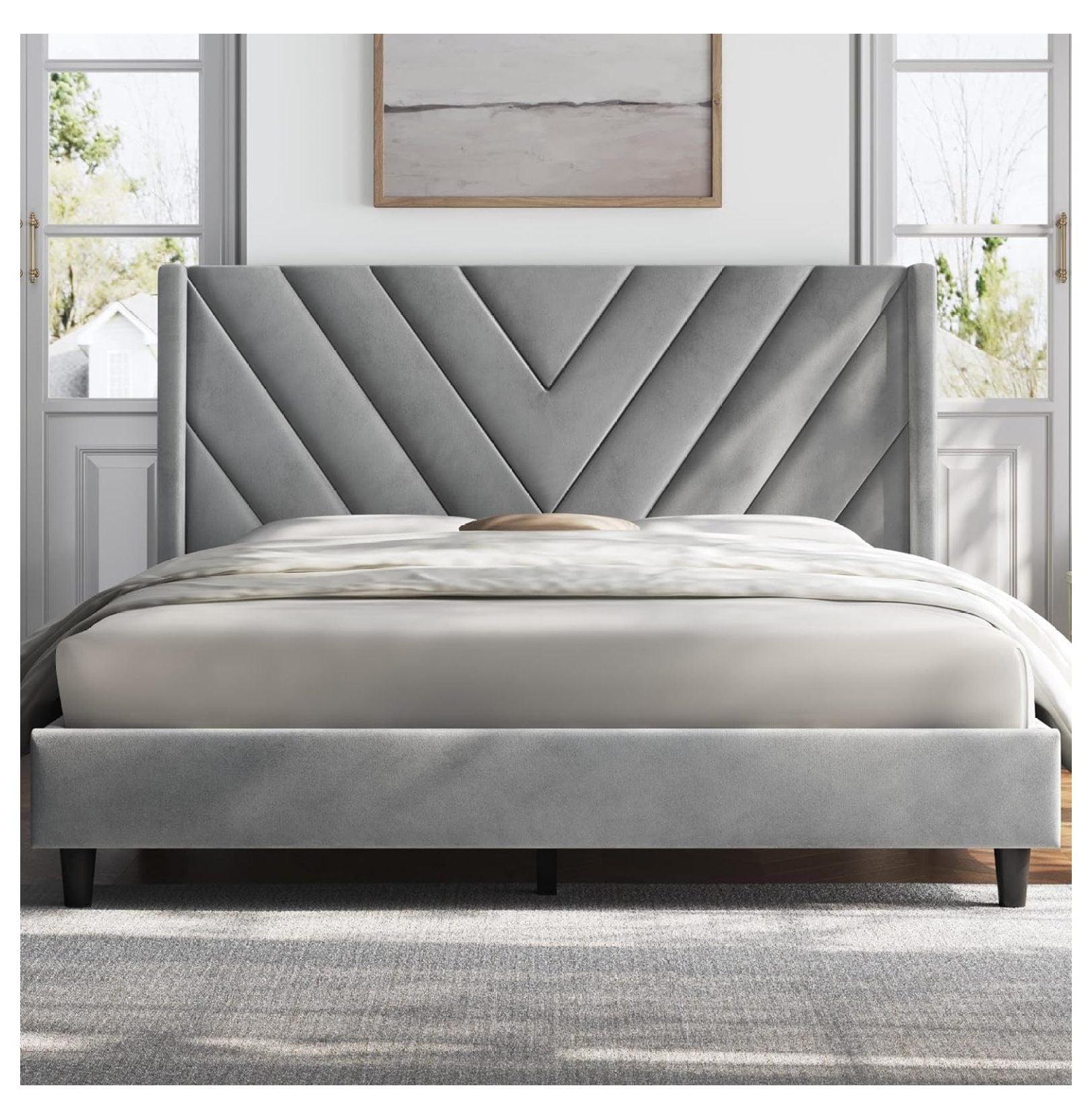 Light Gray Full Upholstered Bed Frame with Tufted Headboard