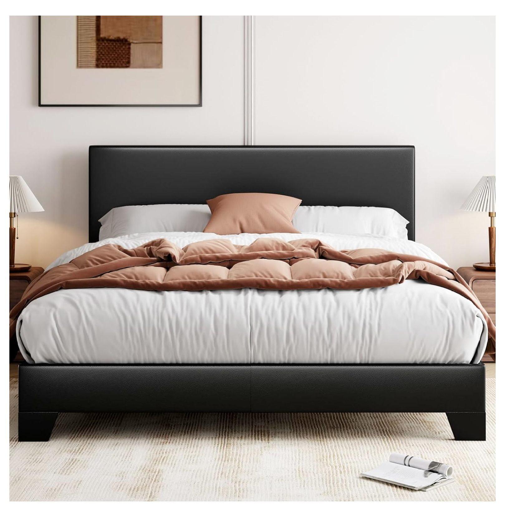 Full Size Black Faux Leather Upholstered Bed Frame with Adjustable Headboard