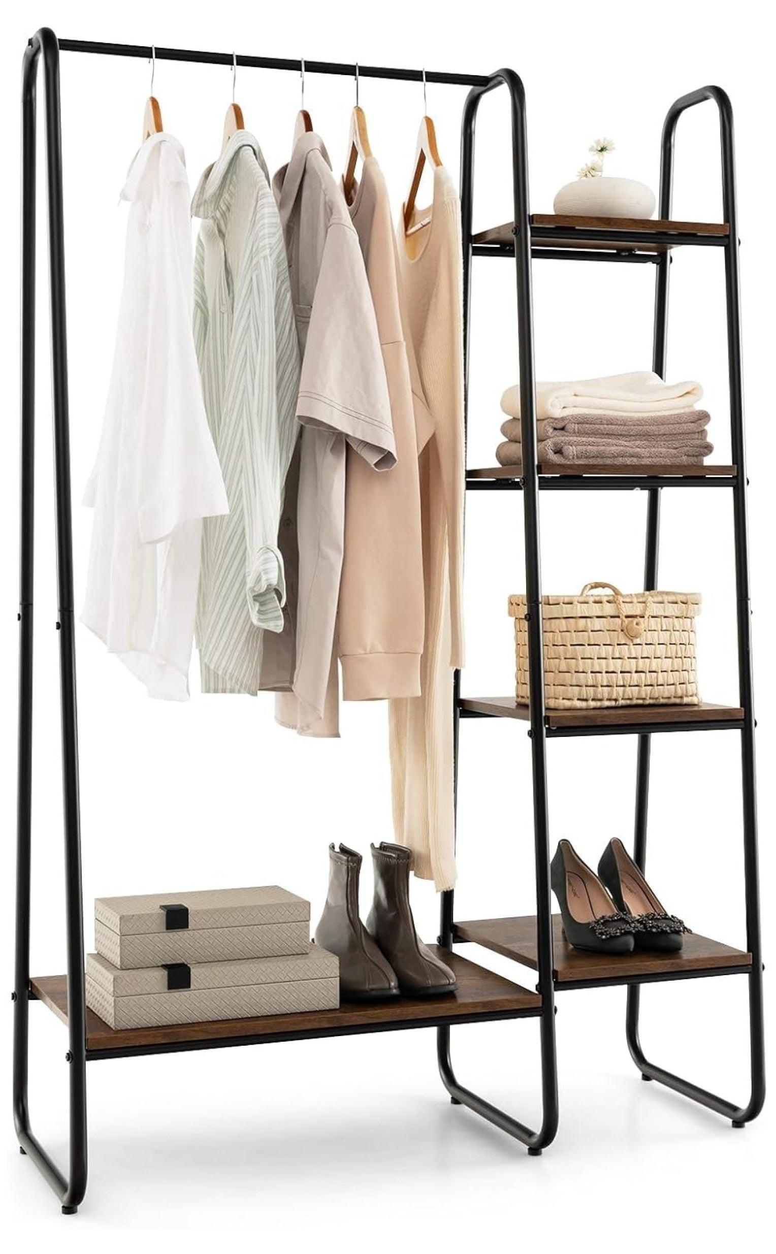 Freestanding Black Metal Garment Rack with Wooden Shelf