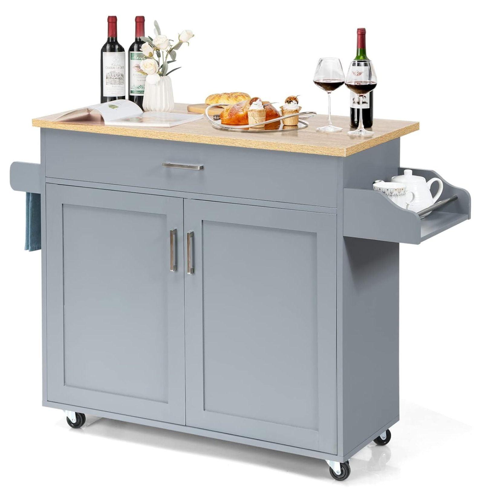 Gray Wood Kitchen Cart with Spice Rack and Storage