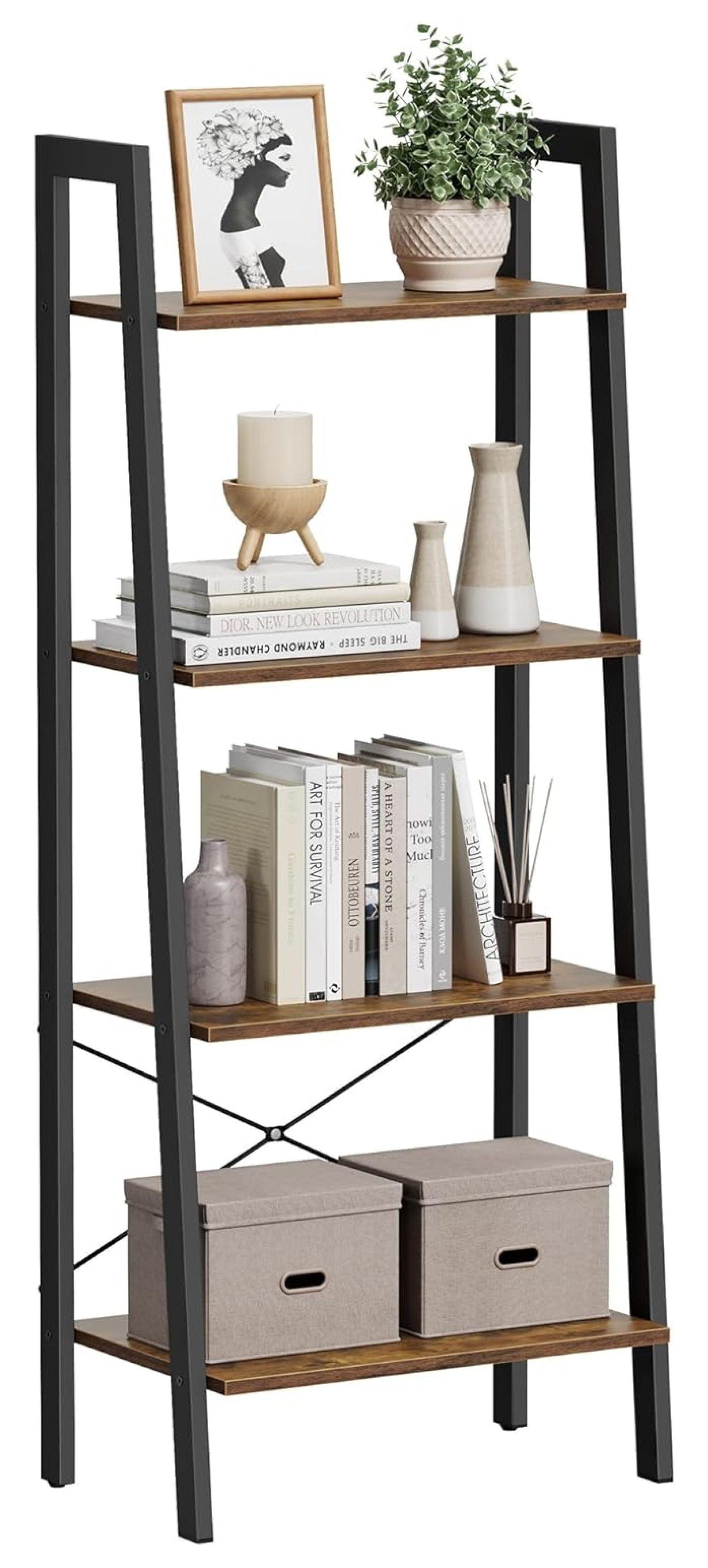 VASAGLE 4-Tier Black and Rustic Brown Ladder Bookshelf