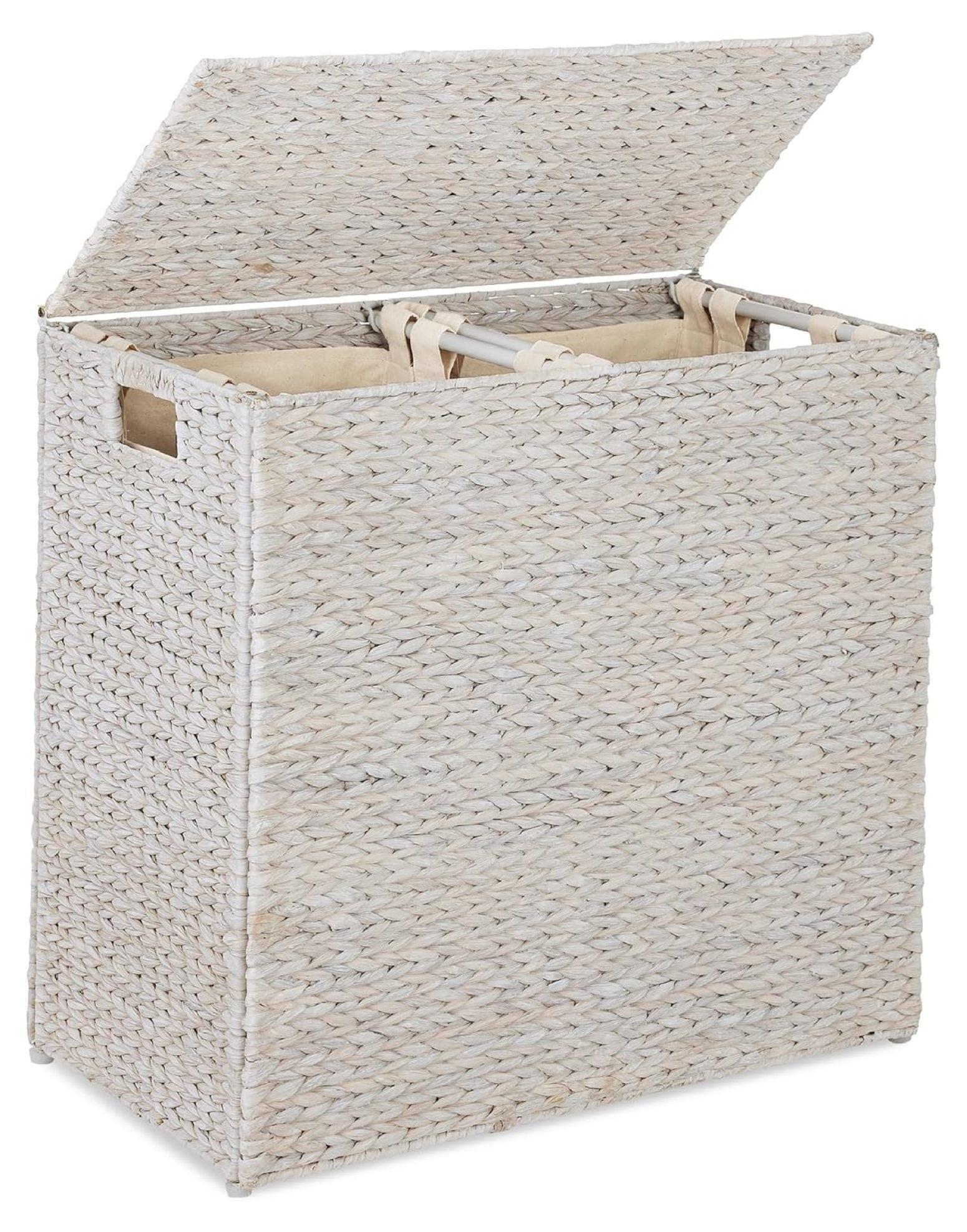 Large White Water Hyacinth Double Laundry Hamper with Lid