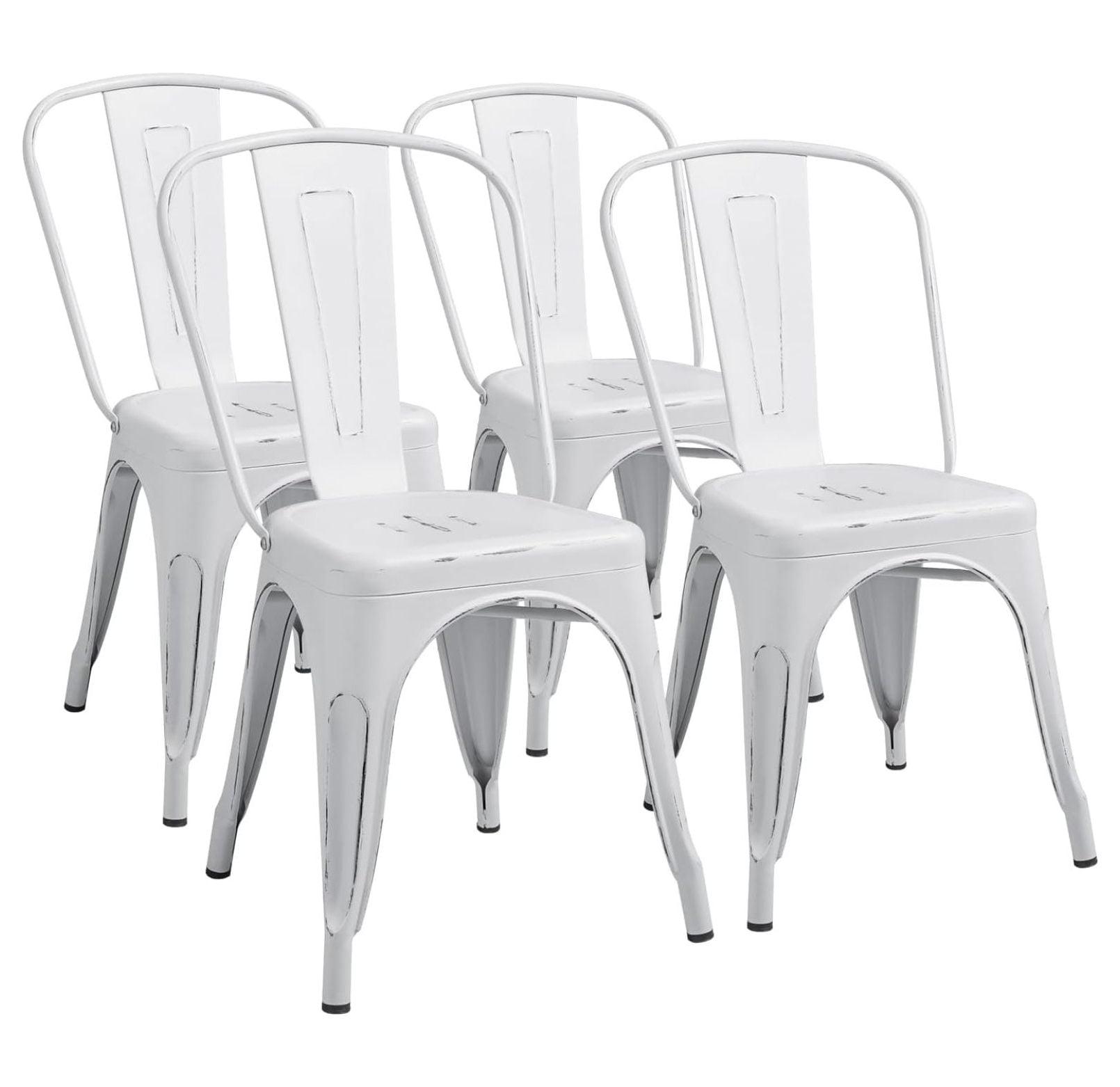 Distressed White Metal Stackable Dining Chairs Set of 4