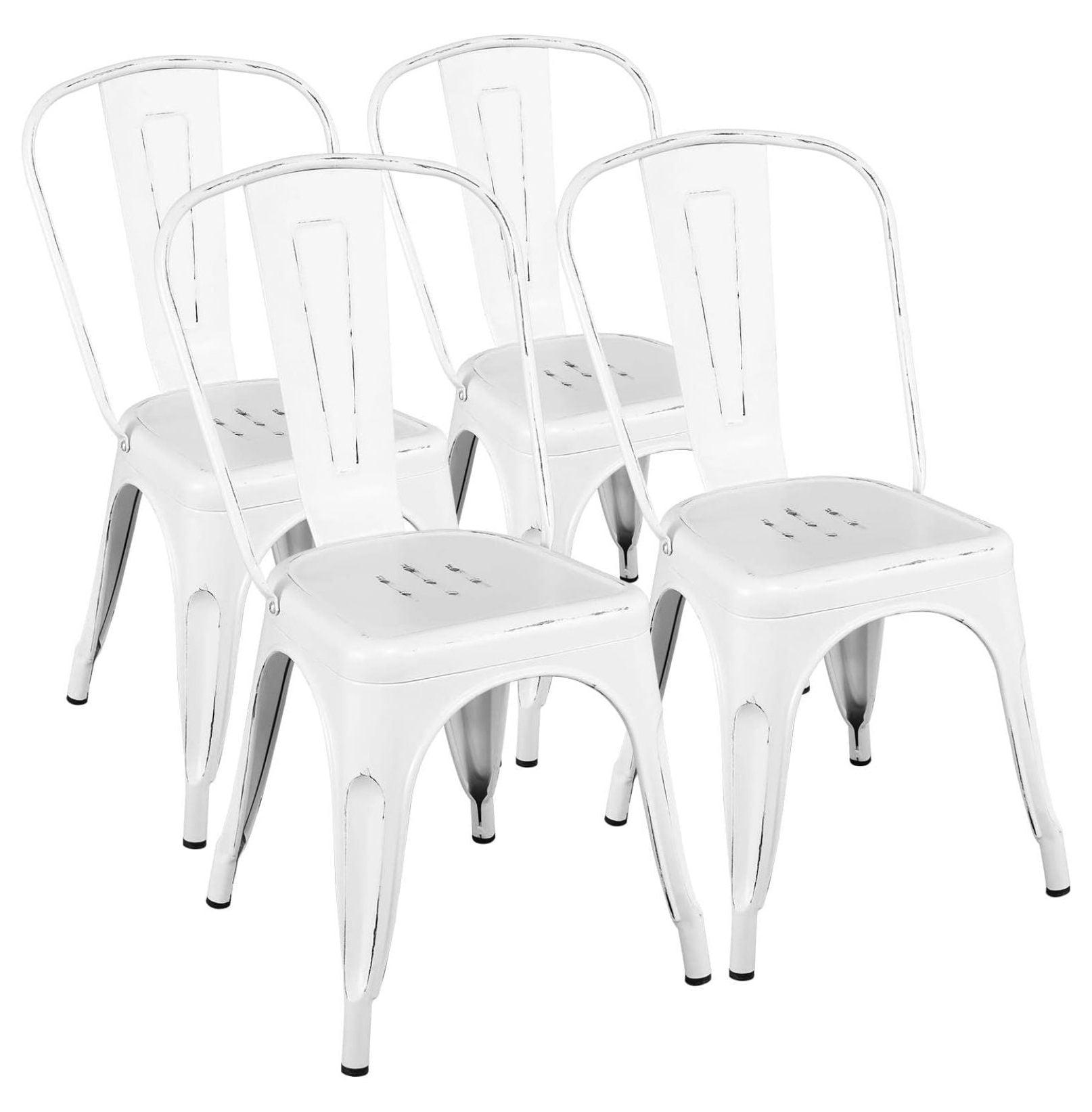 Distressed White Stackable Metal Dining Chairs, Set of 4