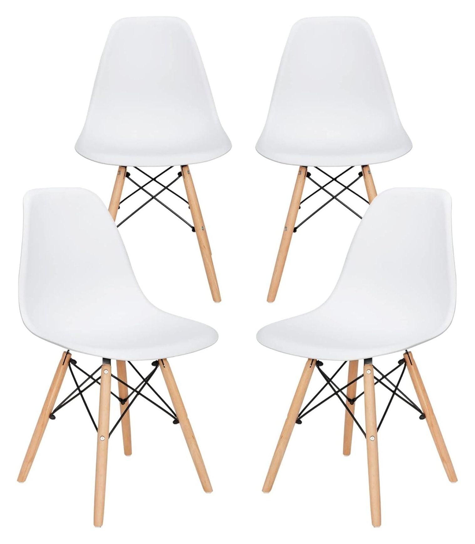 White Modern Plastic Shell Side Chairs with Wood Legs, Set of 4