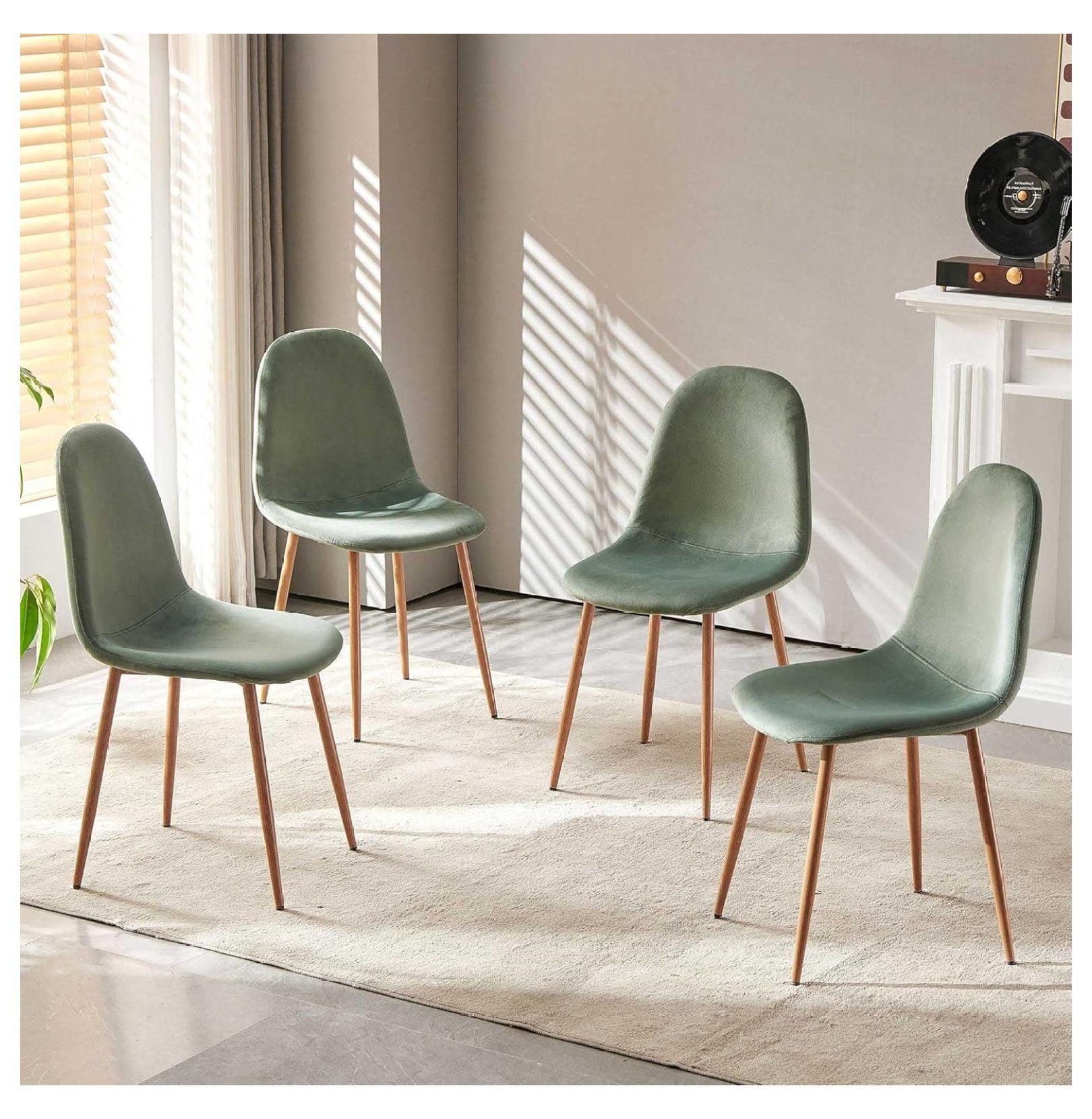 NORDICANA Modern Dining Chairs Set of 4, Green Velvet Kitchen Chairs, Upholstered Side Chairs with Faux Wood-Grain Metal Legs