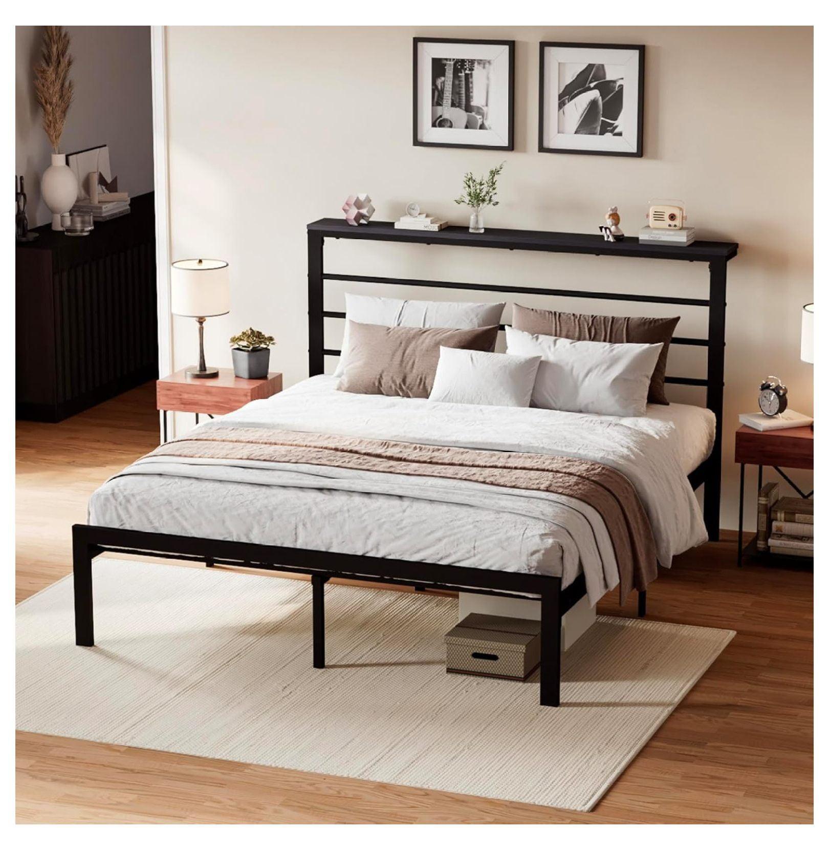 Black Queen Size Metal Bed Frame with Headboard Shelf