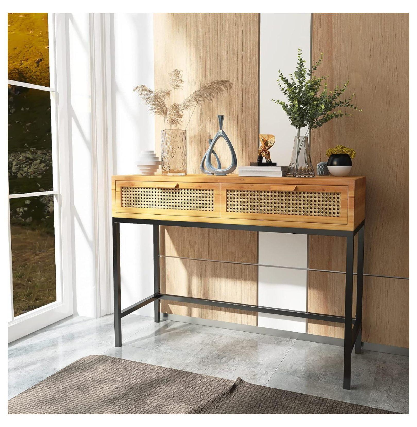 Natural Brown Wood and Metal Console Table with Storage