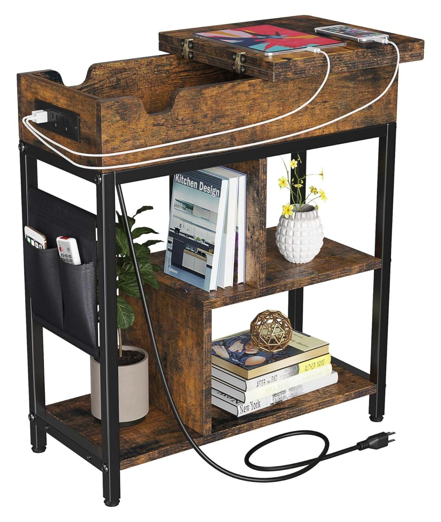 End Table with Charging Station, Narrow Side Table Nightstand with Outlets USB Ports and Storage