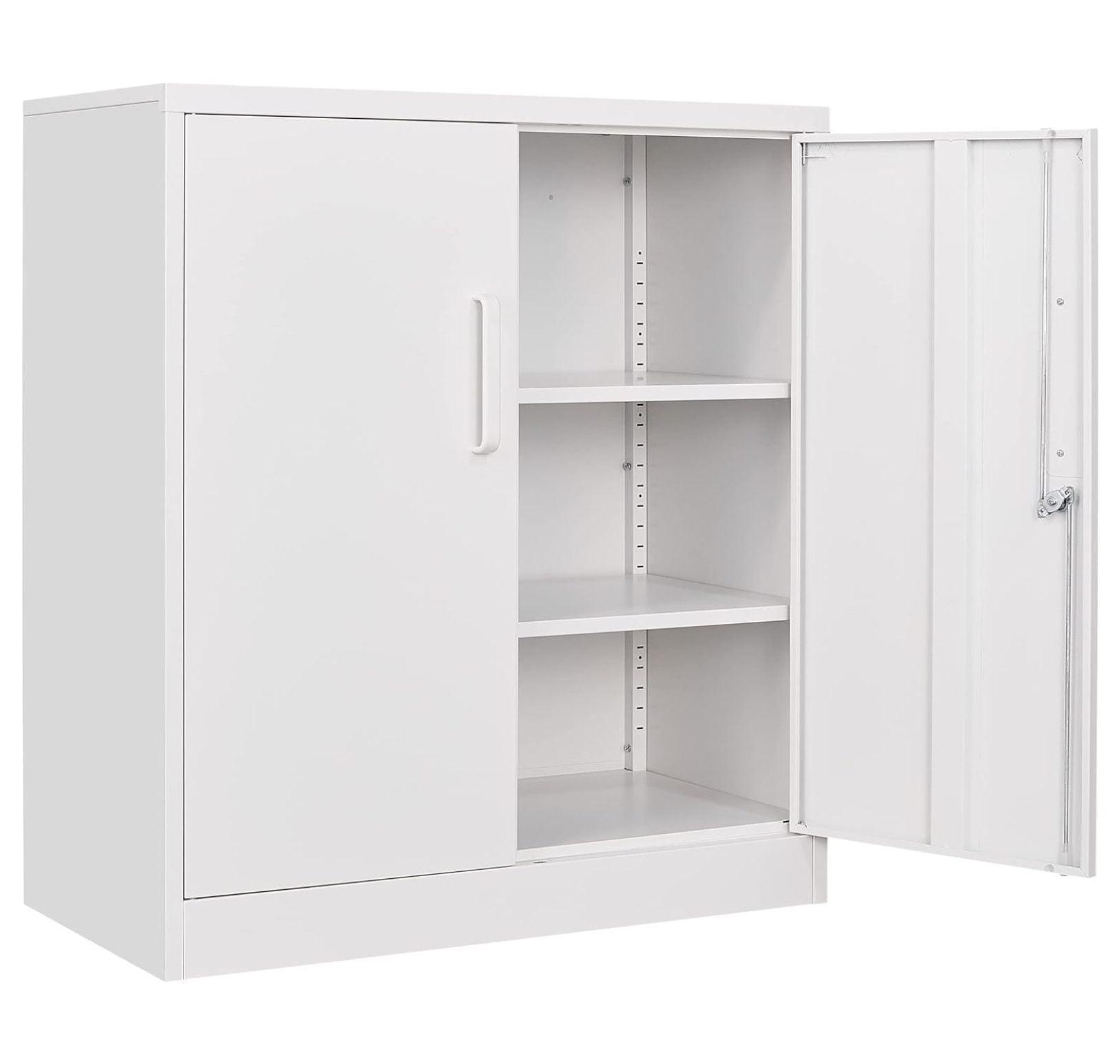 Nestora Steel Storage Cabinet Office Cabinet with Shelves and 2 Doors,White Metal Storage Cabinet, Locking Small Metal Cabinet,Steel Counter Cabinet with Lock for Garage Home Office Pantry