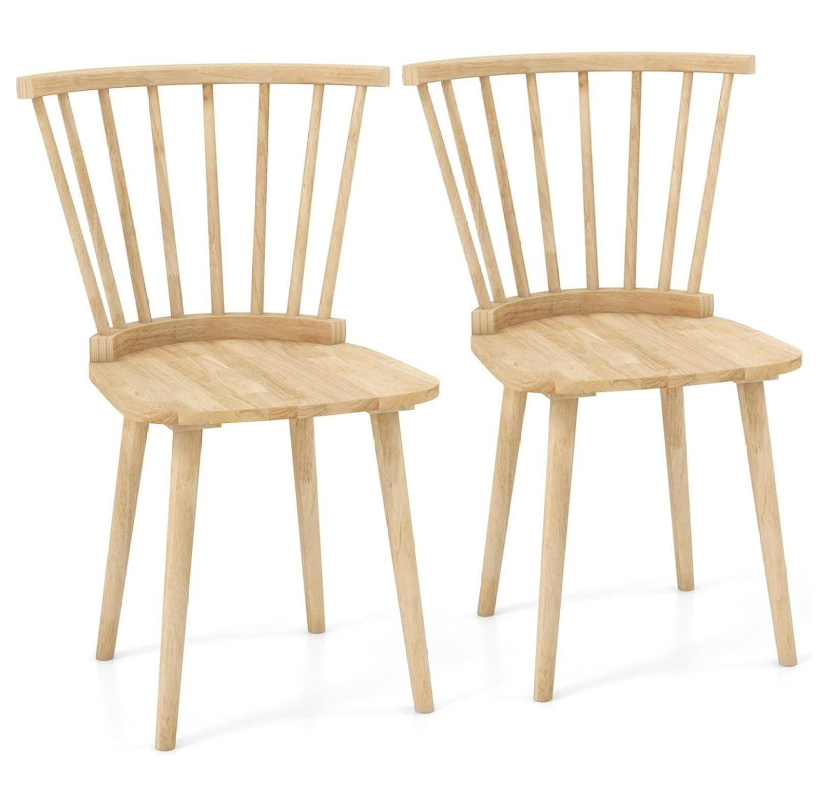 Natural Rubber Wood Windsor Dining Chairs with Spindle Back, Set of 2