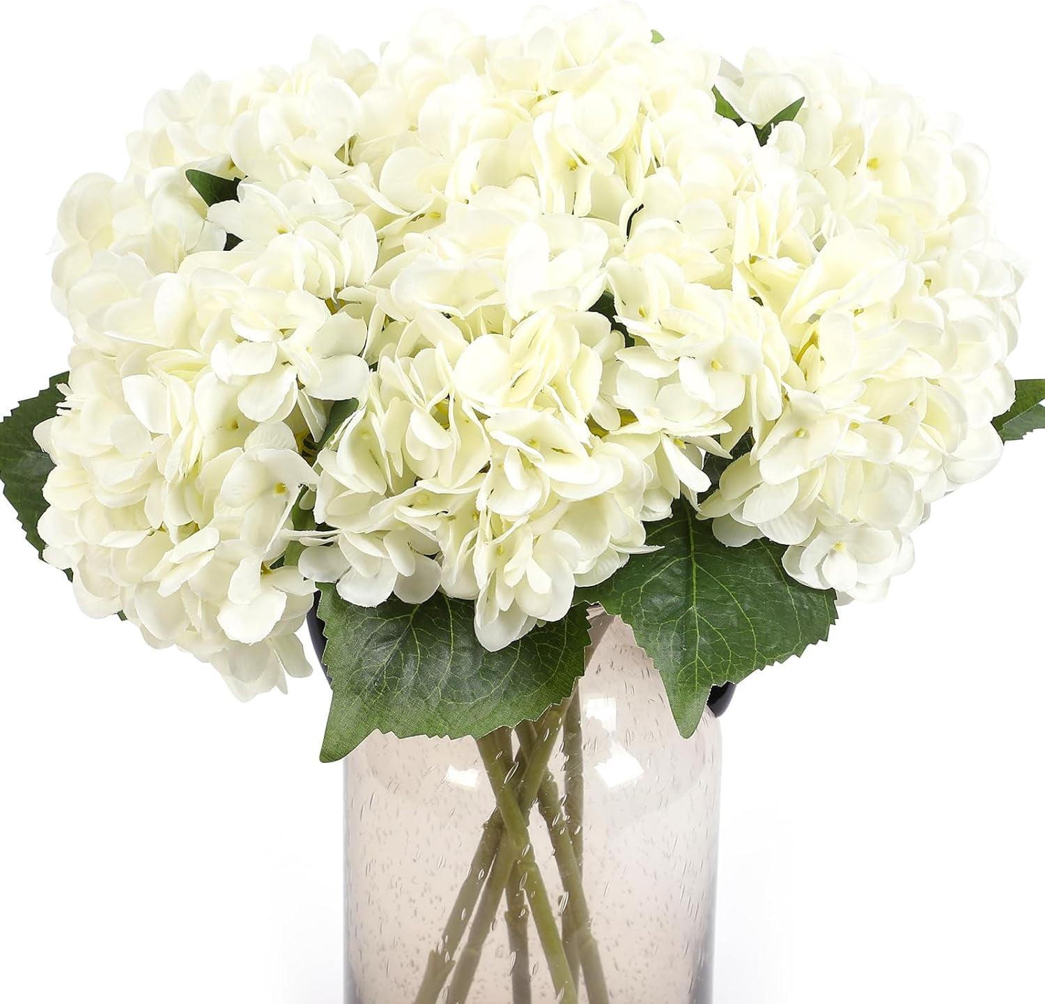 Kimura's Cabin 6pcs Fake White Flowers Artificial Silk Hydrangea Flowers Bouquets Faux Hydrangea Stems for Home Table Centerpieces Wedding Party Decoration (White)