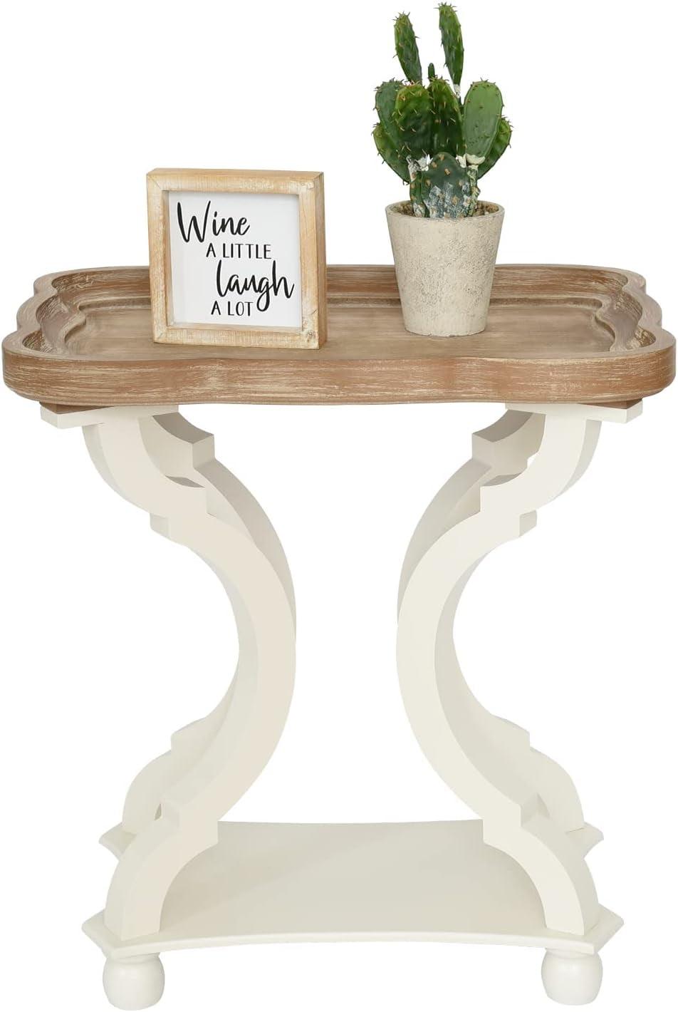 Kinbor Accent Wood Farmhouse End Table Side Tables Nightstand Natural Tray Top and Legs, White
