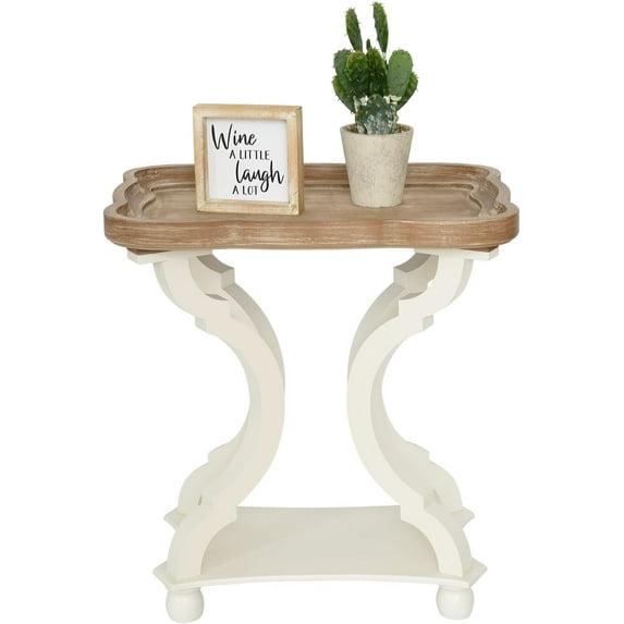 Kinbor Accent Wood Farmhouse End Table Side Tables Nightstand Natural Tray Top and Legs, White