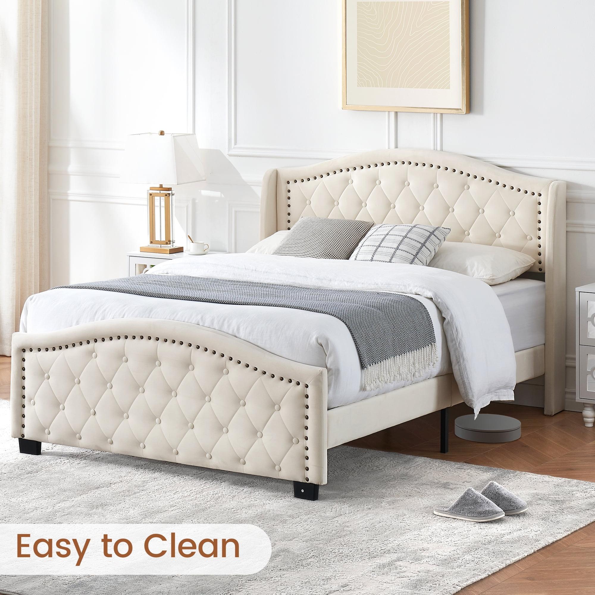 YUSAZENS King Bed Frame with Tall Headboard 47.2",Upholstered Platform Bed Frame with Velvet Button Tufted & Nailhead Trim Wingback Headboard,Luxurious Arched Footboard,No Box Spring Needed,Beige