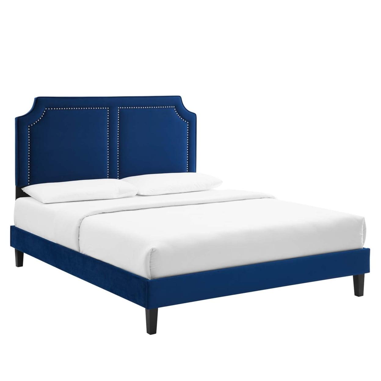 Navy Velvet Upholstered King Bed with Nailhead Trim and Slats