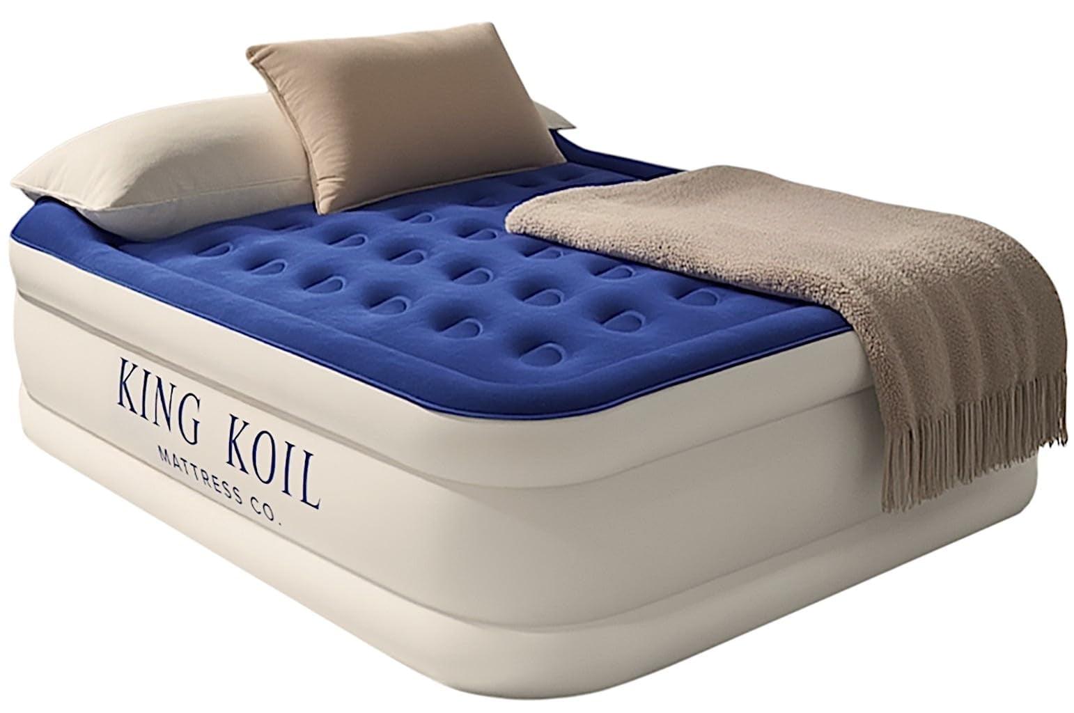 King Koil Luxury Air Mattress 16in Full Size Blue with Built-in Pump for Home, Camping & Guests-Inflatable Airbed Luxury Double High Adjustable Blow Up Mattress, Durable - Portable and Waterproof.