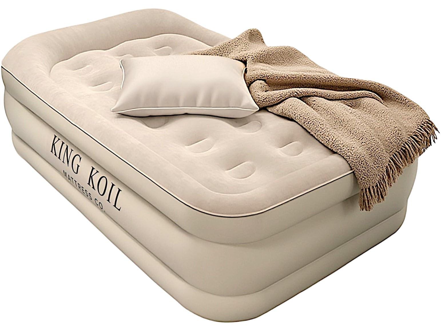 King Koil Plush Pillow Top Twin Air Mattress with Built-in High-Speed Pump for Camping, Home & Guests - 20” Twin Size Airbed Luxury Inflatable Blow Up Mattress, Waterproof, 1-Year Warranty.