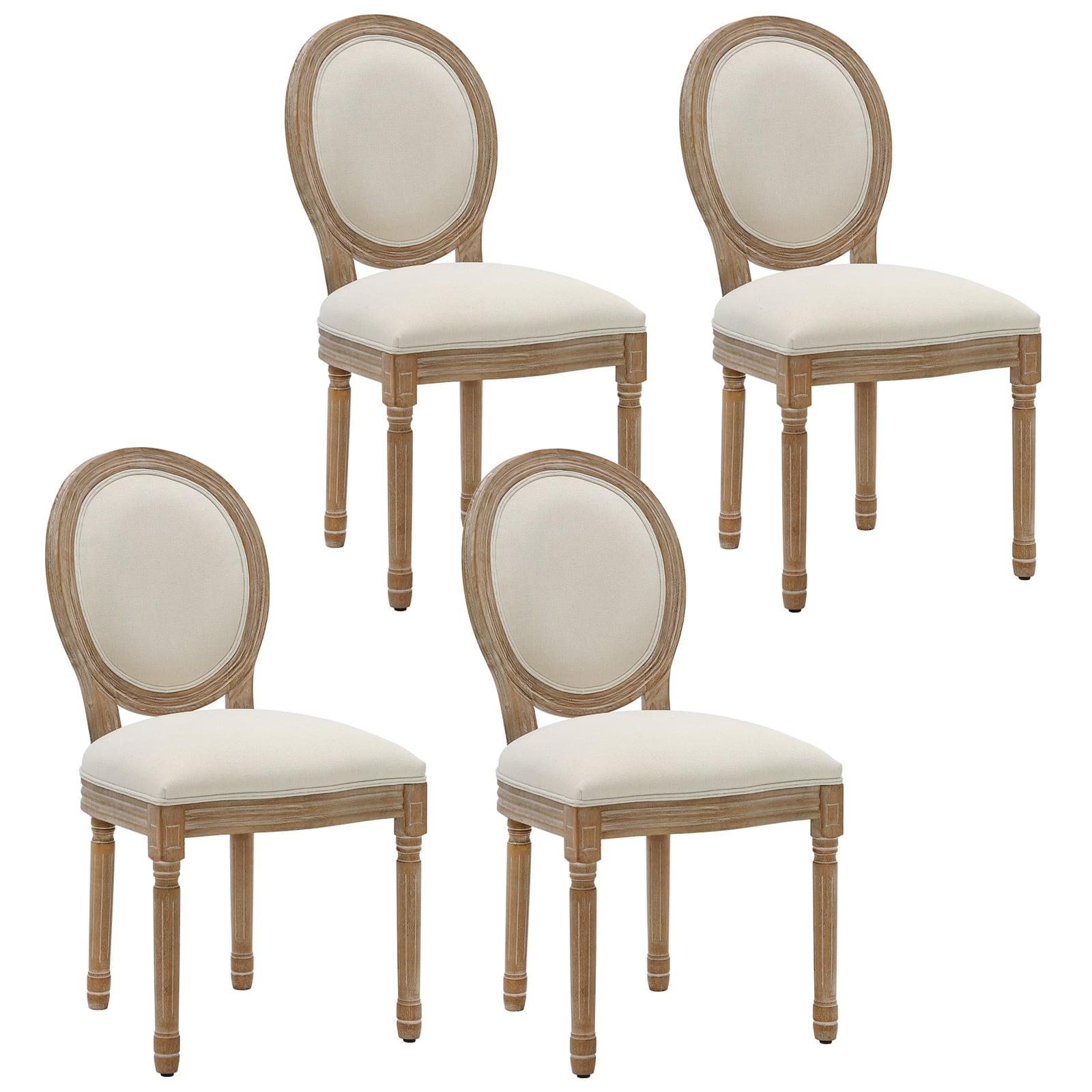 French Country Dining Chairs Set of 4, Cream Kitchen & Dining Room Chairs Set of 4, Ivory Linen Upholstered Dining Chairs, Wood Legs, Sillas De Comedor (Fabric, Beige, 4Pcs)