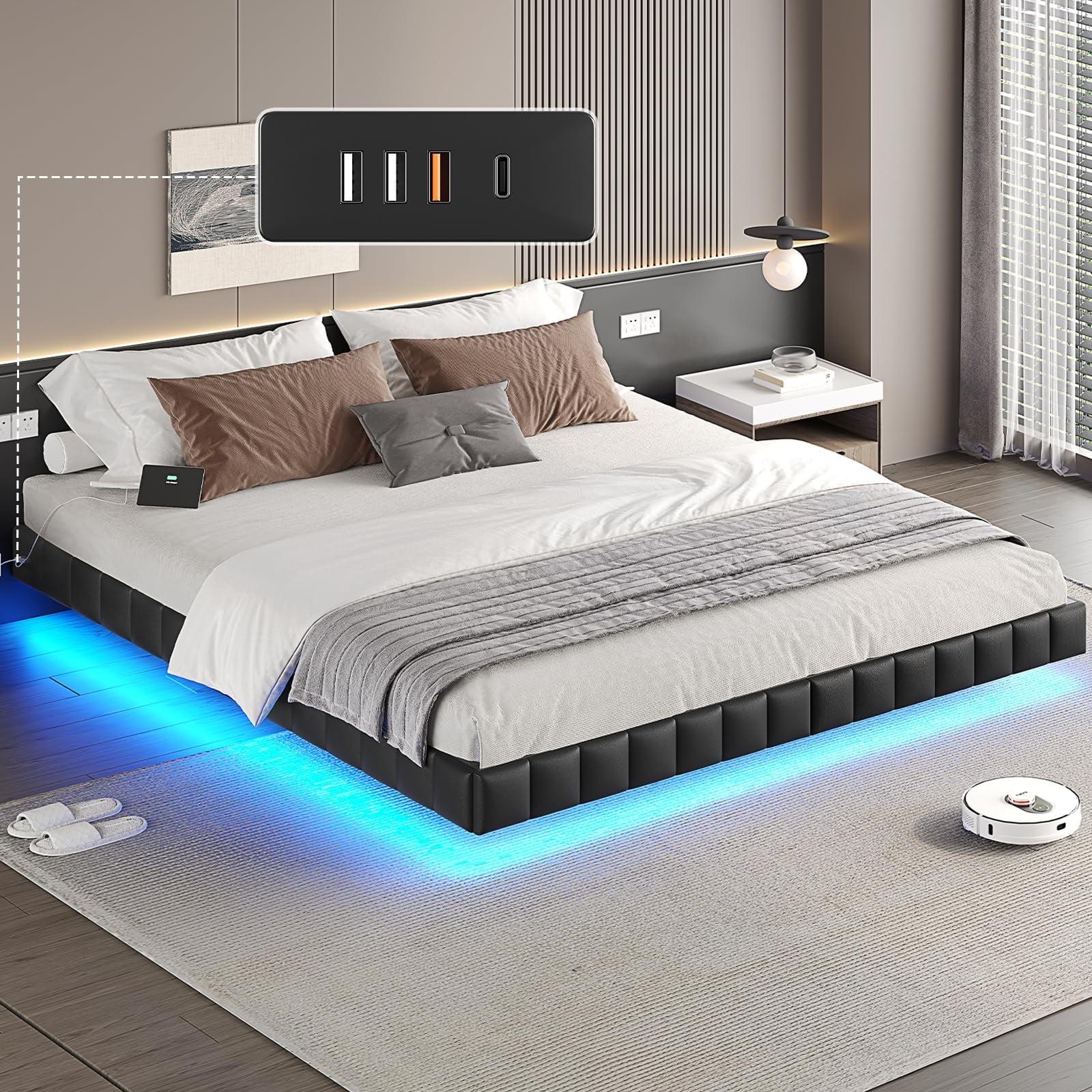 Floating Bed Frame With Led Lights Metal Platform Bed, No Squeak