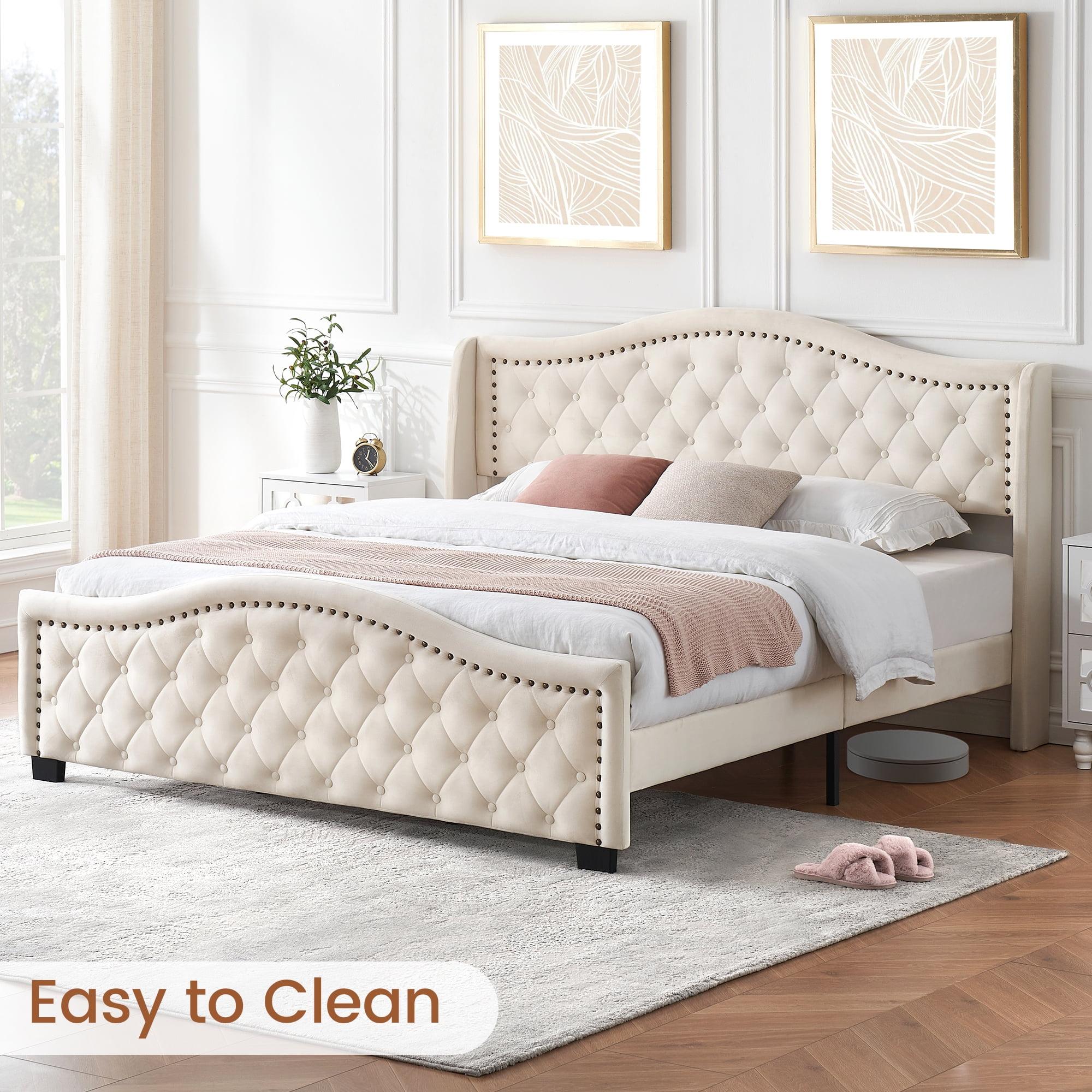 King Beige Velvet Upholstered Platform Bed with Tufted Headboard