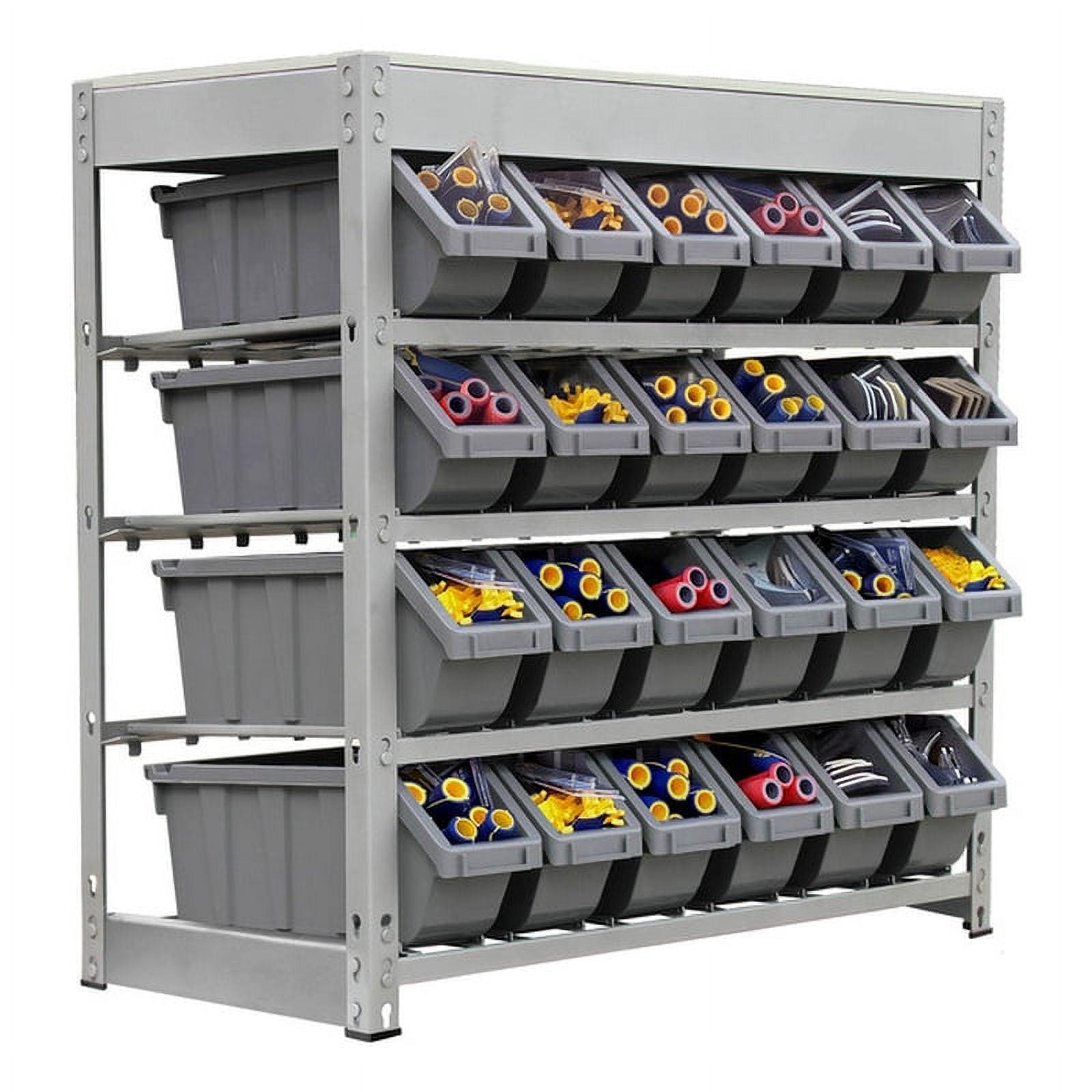 Compact 4-Tier Gray Metal Organizer Shelving with 24 Bins