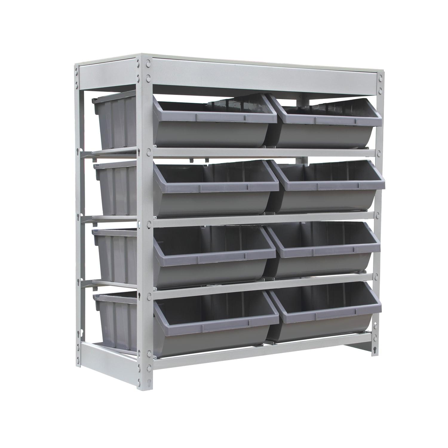 Bin Rack, Shelving Unit with Durable Construction for Easy Organization of Parts and Tools, Boltless Steel Storage System Organizer with 8 Plastic Bins in 4 tiers, Use in Store, Garage,Grey