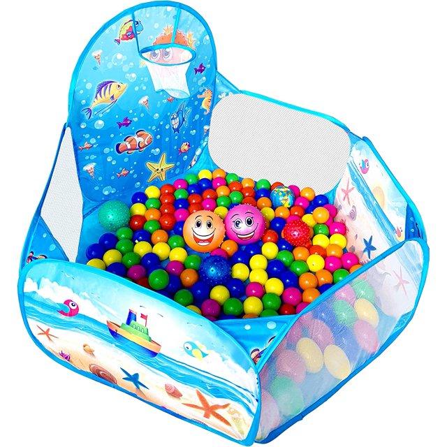 KingBee Ball Pit Pop Up Children Play Tent, Ocean Pool Baby Toddler Playpen with Basketball Hoop - Toys Gifts for Kids Girls Boys 6 Year Old - Balls Not Included (Blue)