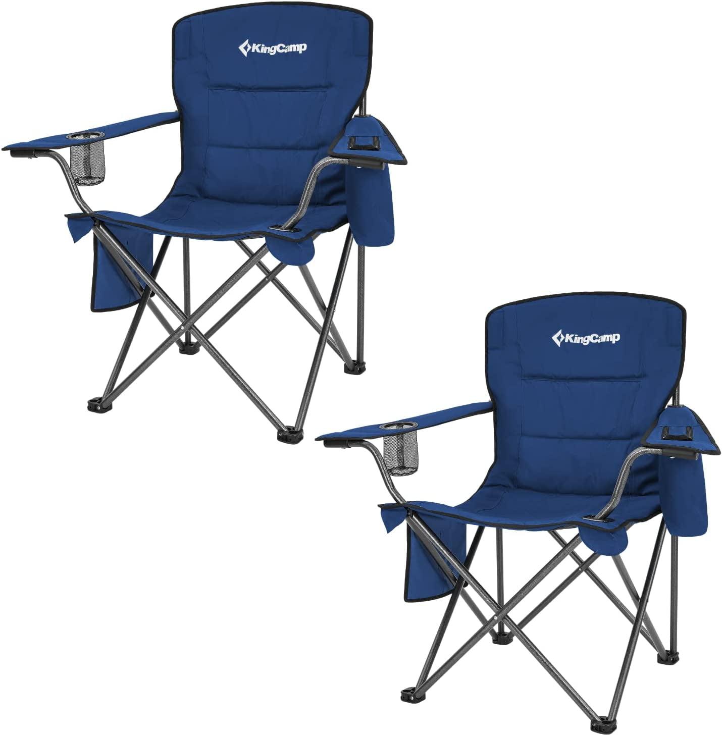 KingCamp Padded Folding Lounge Chairs with Built In Cupholder, Insulated Cooler Sleeve, and Side Storage Pocket for Indoor and Outdoors, 2 Packs, Blue