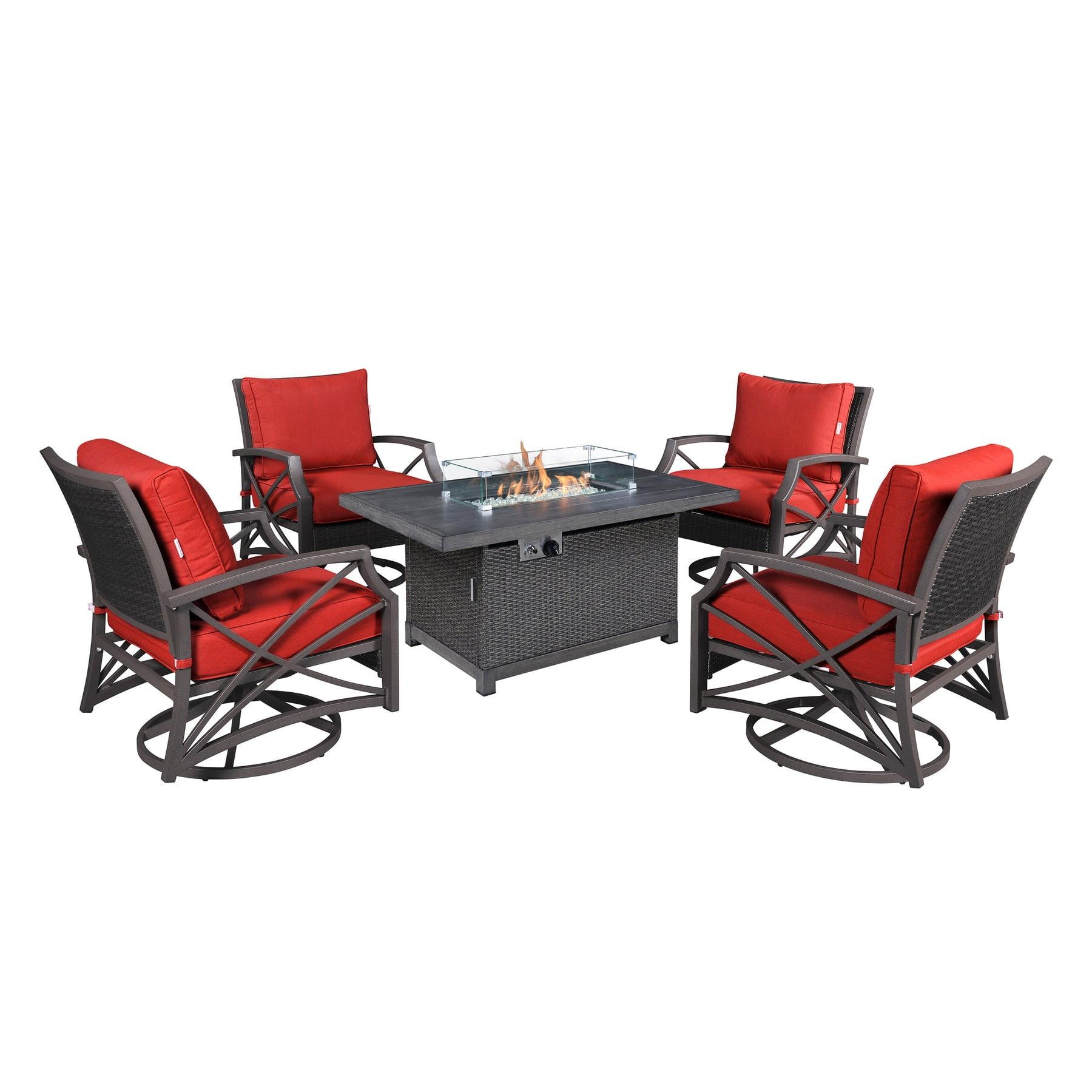 Kinger Home 5-Piece Patio Furniture Set with 52-inch Fire Pit table and swivel chairs, 50,000 BTU CSA Certified, Rattan Wricker, Accessories Included