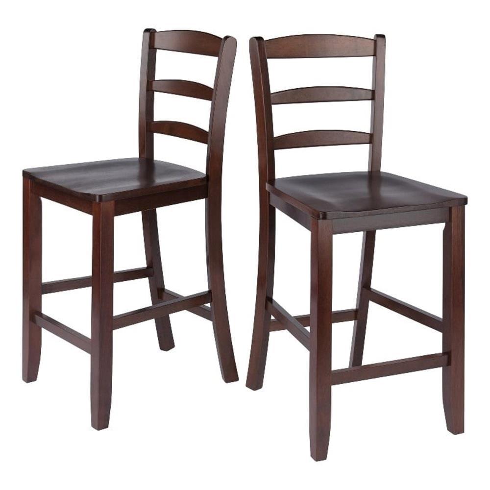 Set of 2 Ladder Back 24" Counter Height Barstool Hardwood/Walnut - Winsome: Solid Wood, Unupholstered, Antique Finish