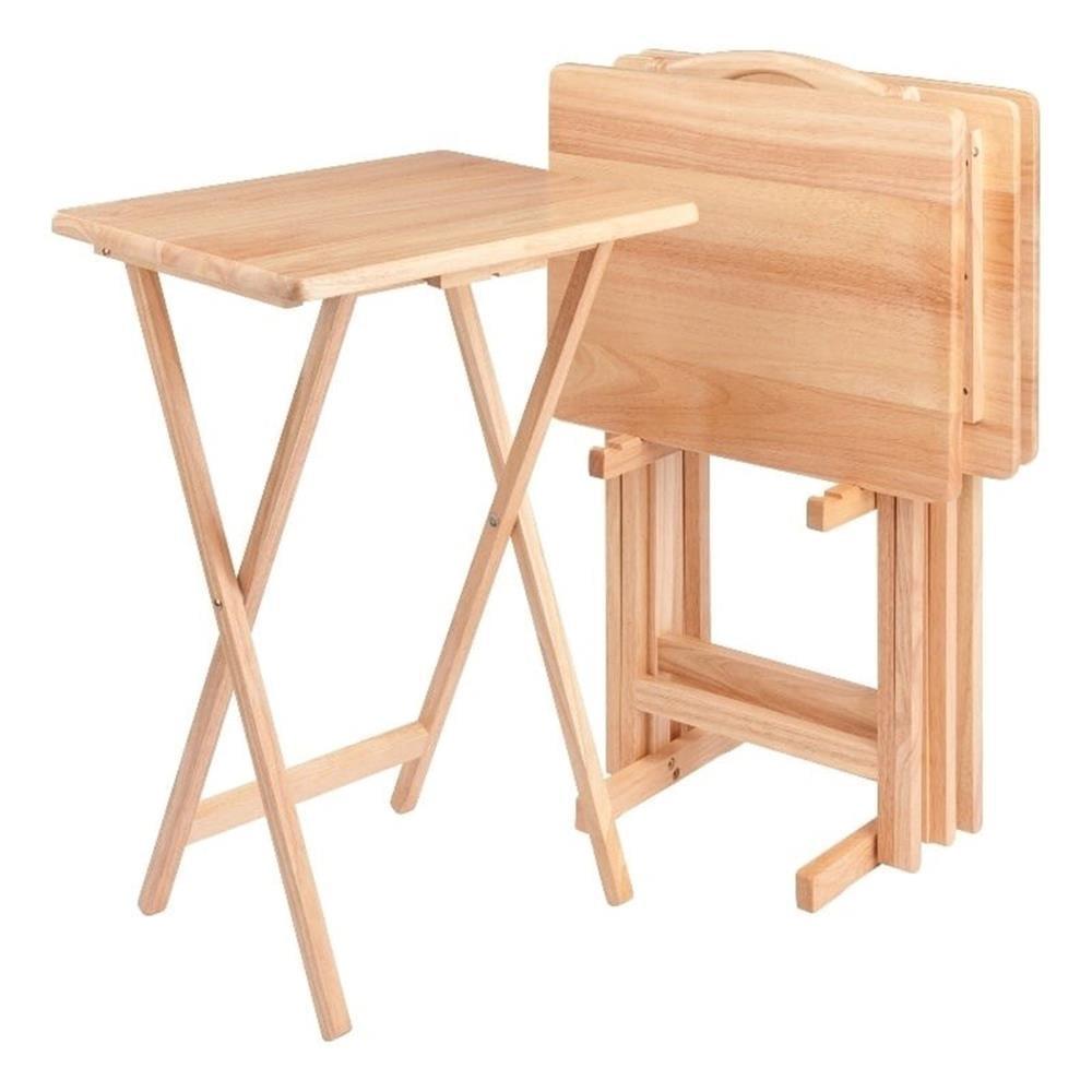 4pc Alex Snack Table Set Natural - Winsome: Wood Construction, Foldable Design, Storage Rack Included