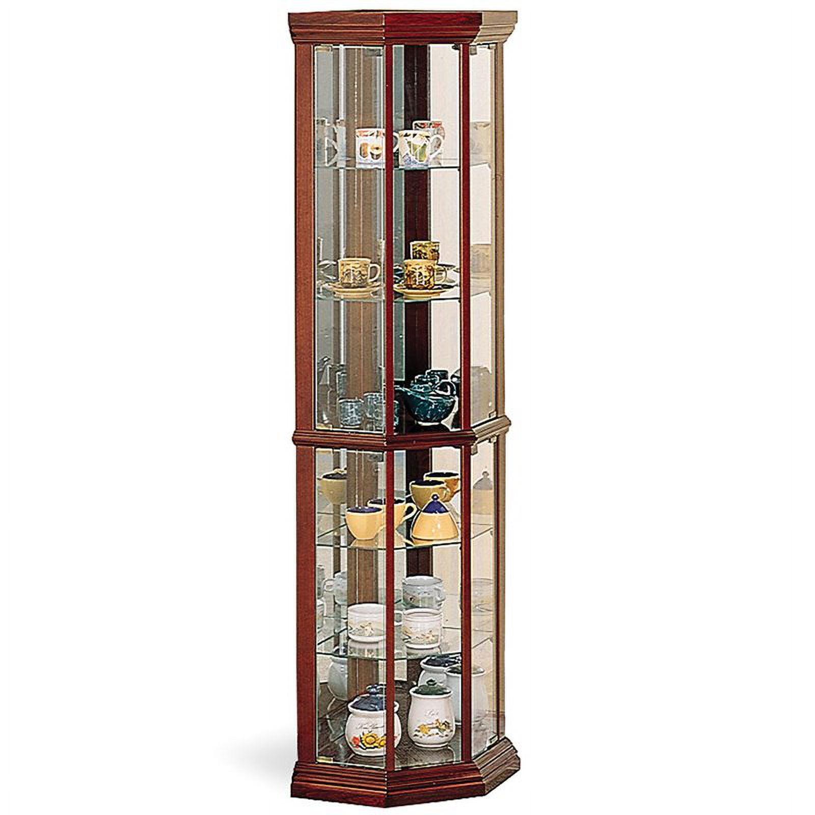 Medium Brown Lighted Corner Curio Cabinet with Glass Shelves