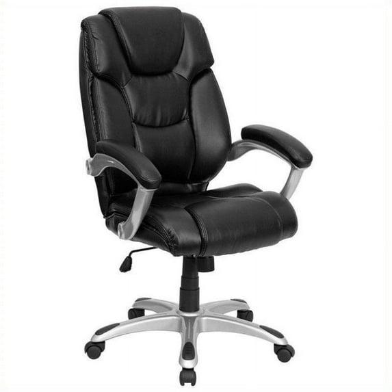 BizChair High Back Black LeatherSoft Layered Upholstered Executive Swivel Ergonomic Office Chair with Silver Nylon Base and Arms