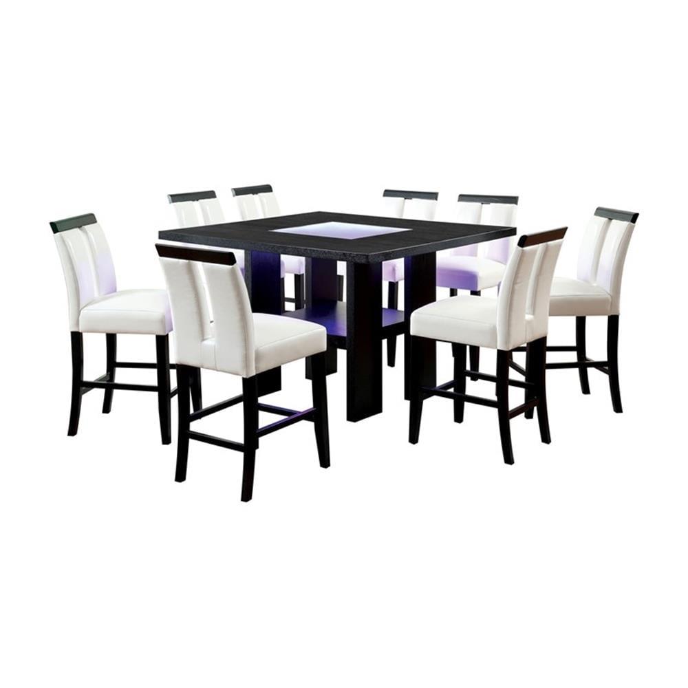 Black Wood 9-Piece Counter Height Dining Set with LED and Faux Leather Chairs