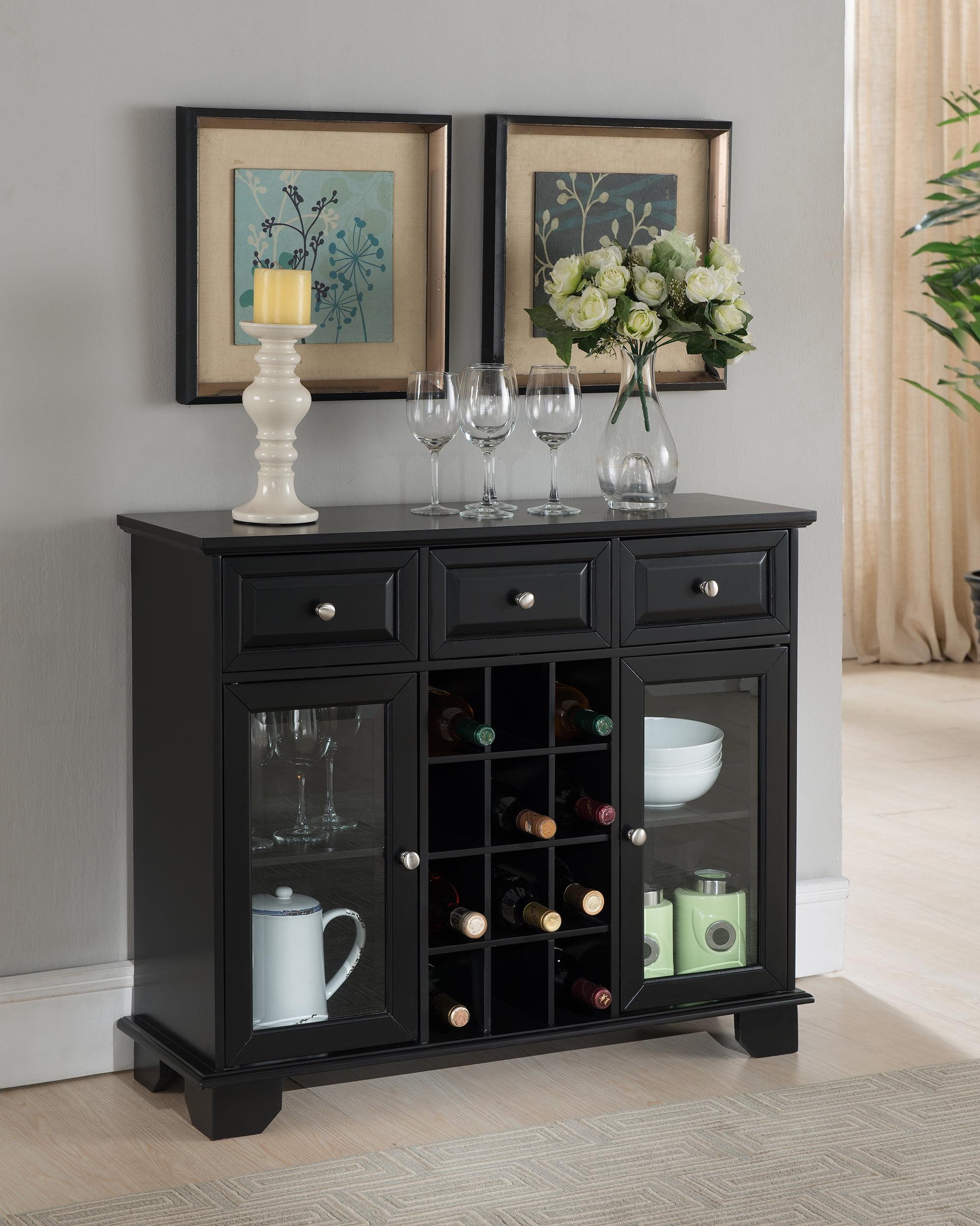 Black Wood Sideboard Cabinet with Wine Storage and Glass Doors