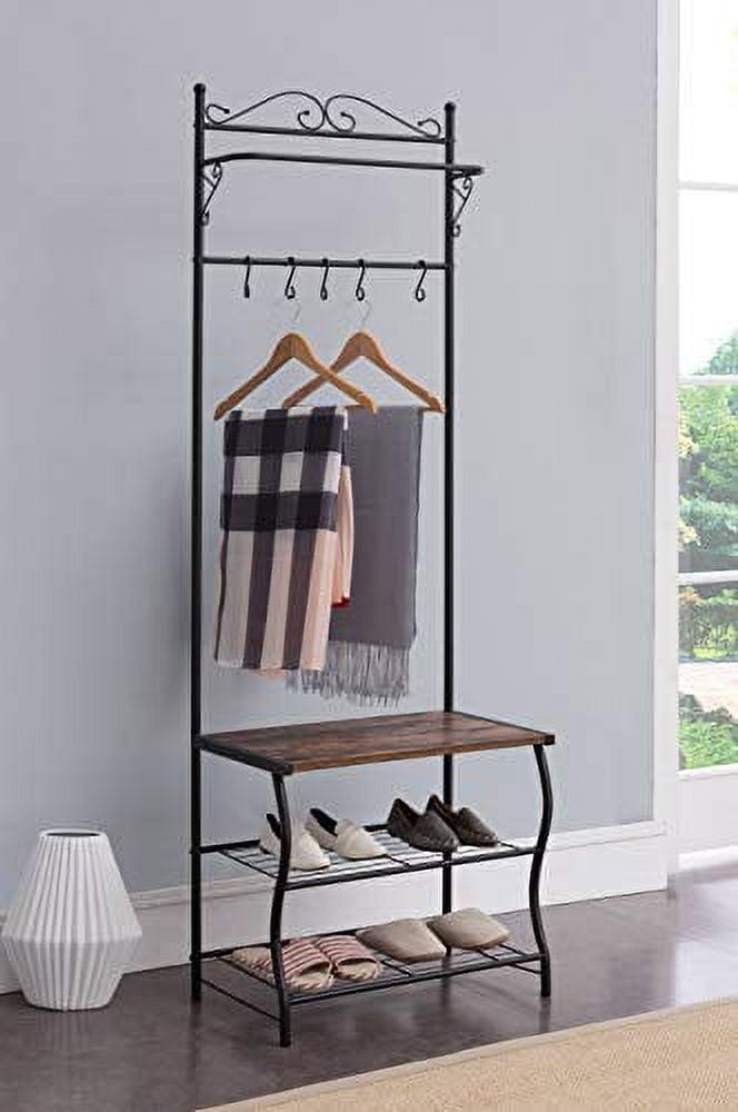Kings Brand Furniture Brentwood Entryway Shoe Bench, Coat Rack, Hall Tree Storage Organizer with Hooks, Black