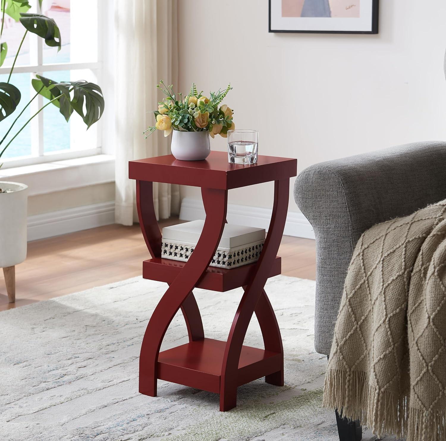 Red Wood 3-Tiered Curved Leg End Table