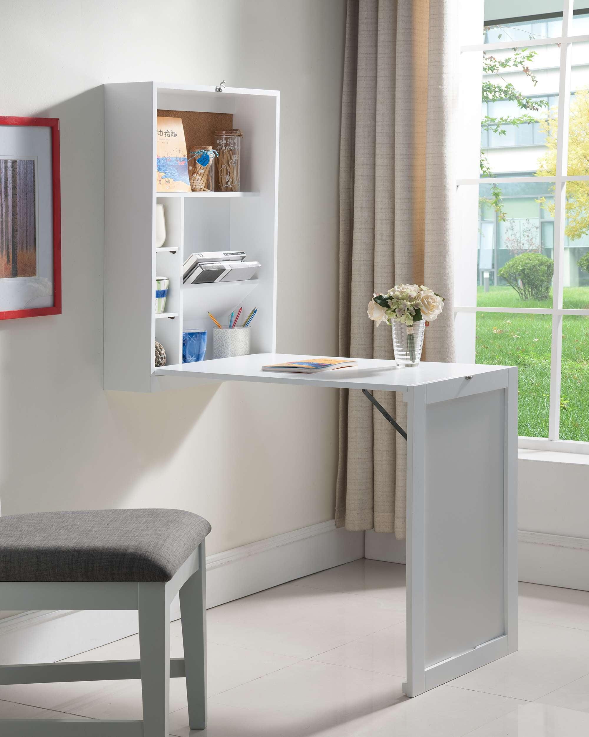 White Foldable Wall-Mounted Desk with Storage and Drawer