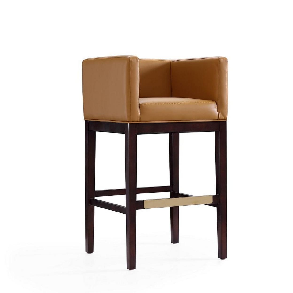 Kingsley Mid-Century Camel Leather Barstool with Dark Walnut Frame