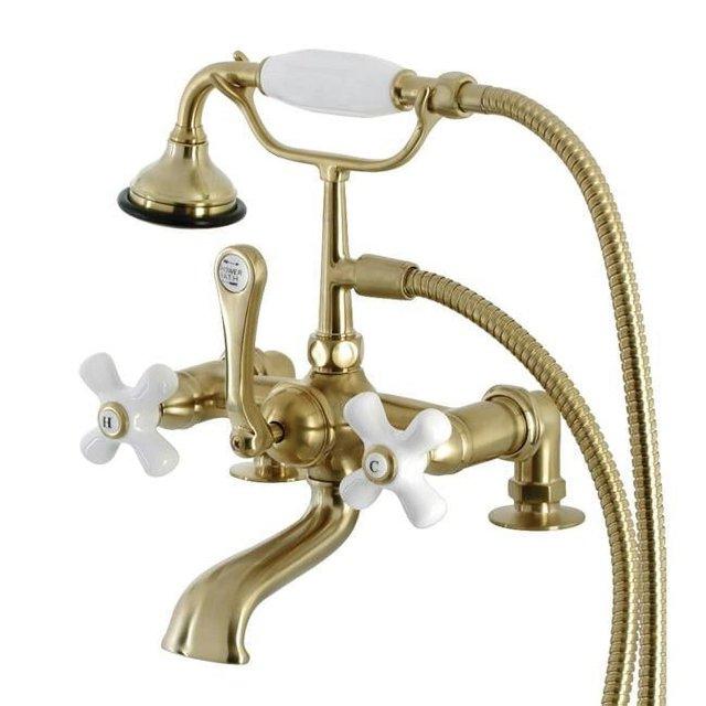 Kingston Brass Aqua Vintage Three-Handle 2-Hole Deck Mount Clawfoot Tub Faucet with Hand Shower